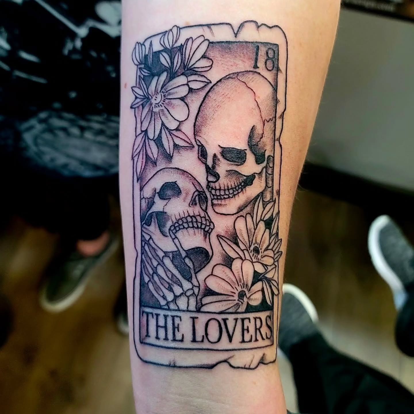 The lovers tarot card black and grey tattoo on the forearm by Captain Michael Devious