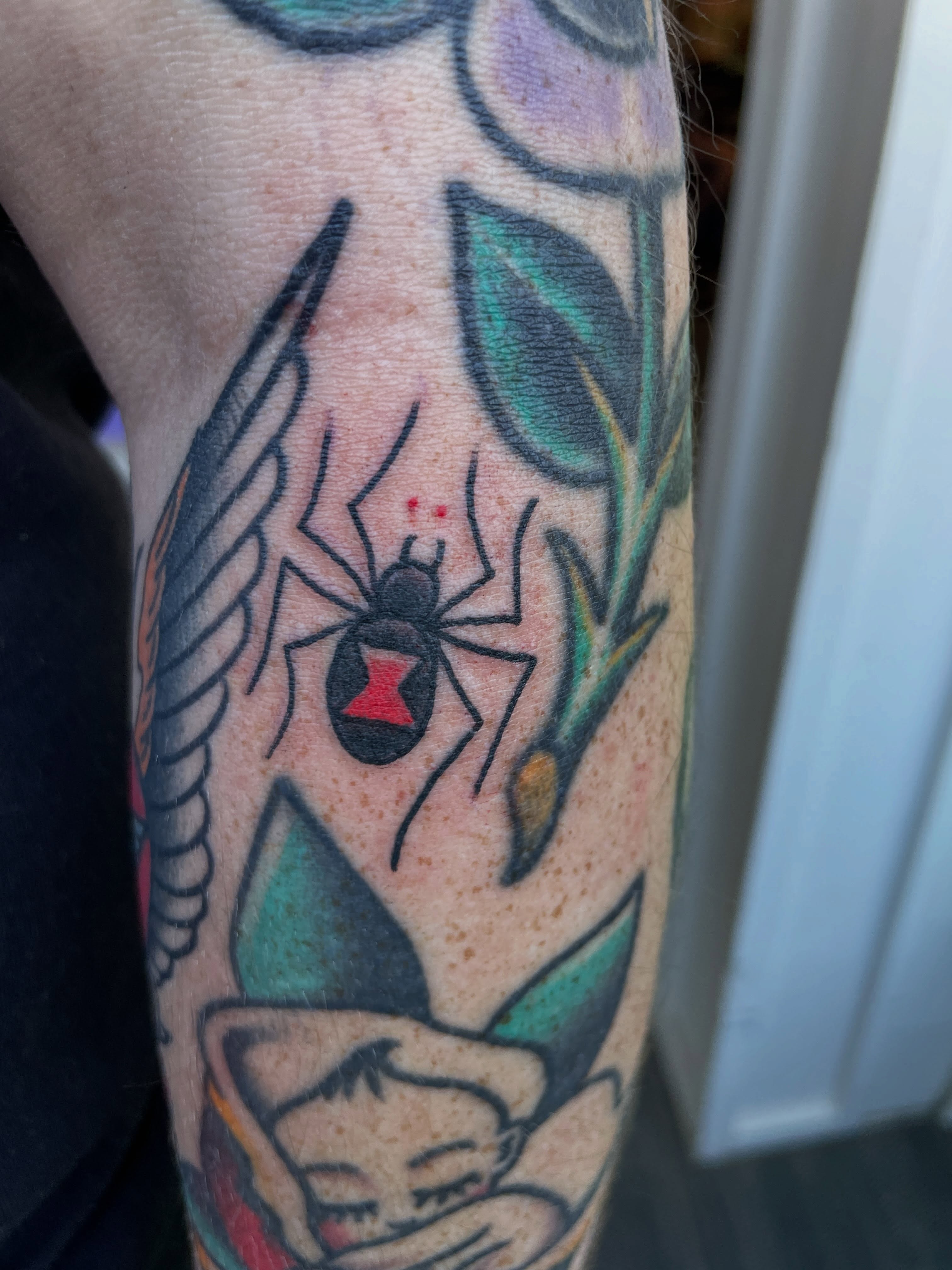 Spider American traditional tattoo on the forearm by Nick Wallin