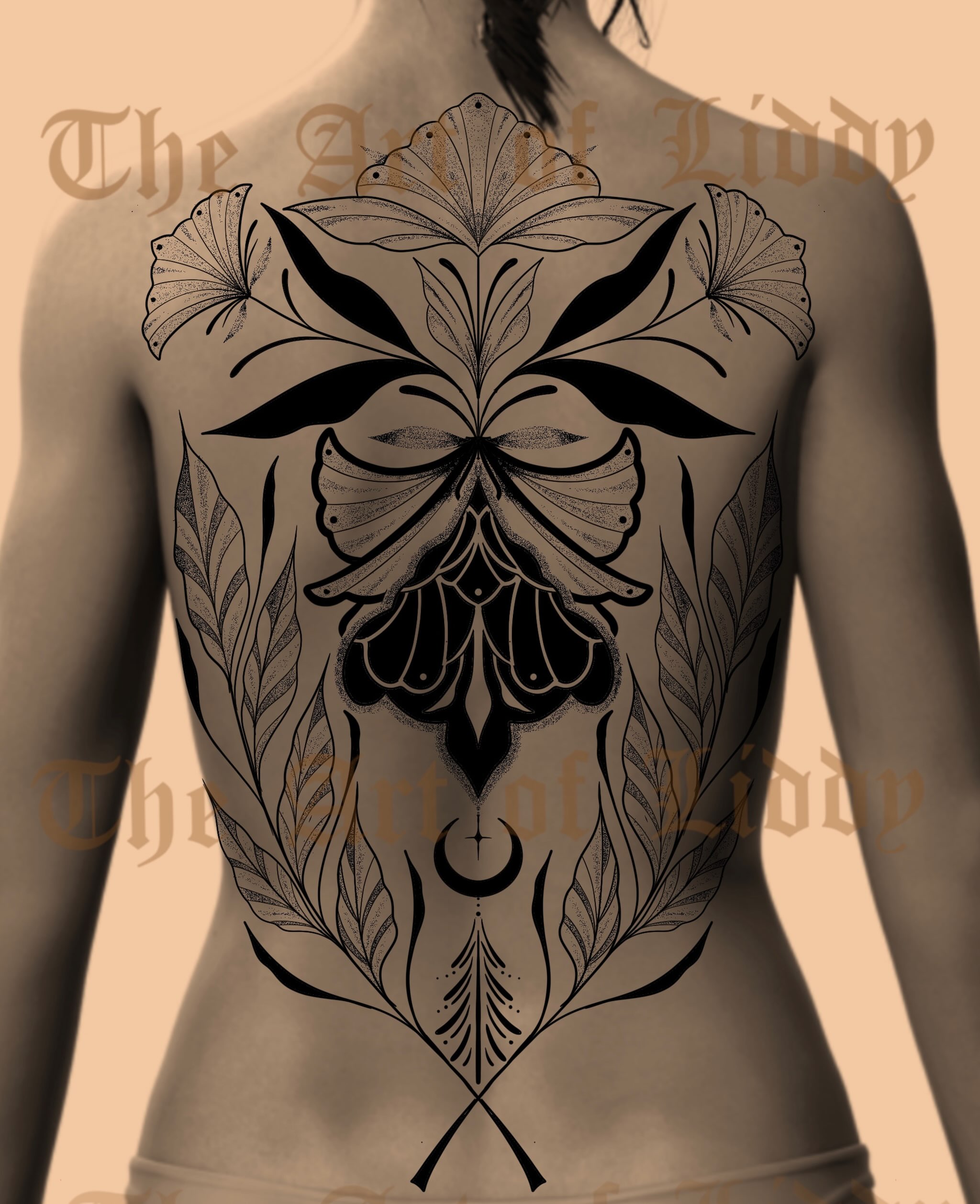 Floral arrangement geometric tattoo on the back by Lydia