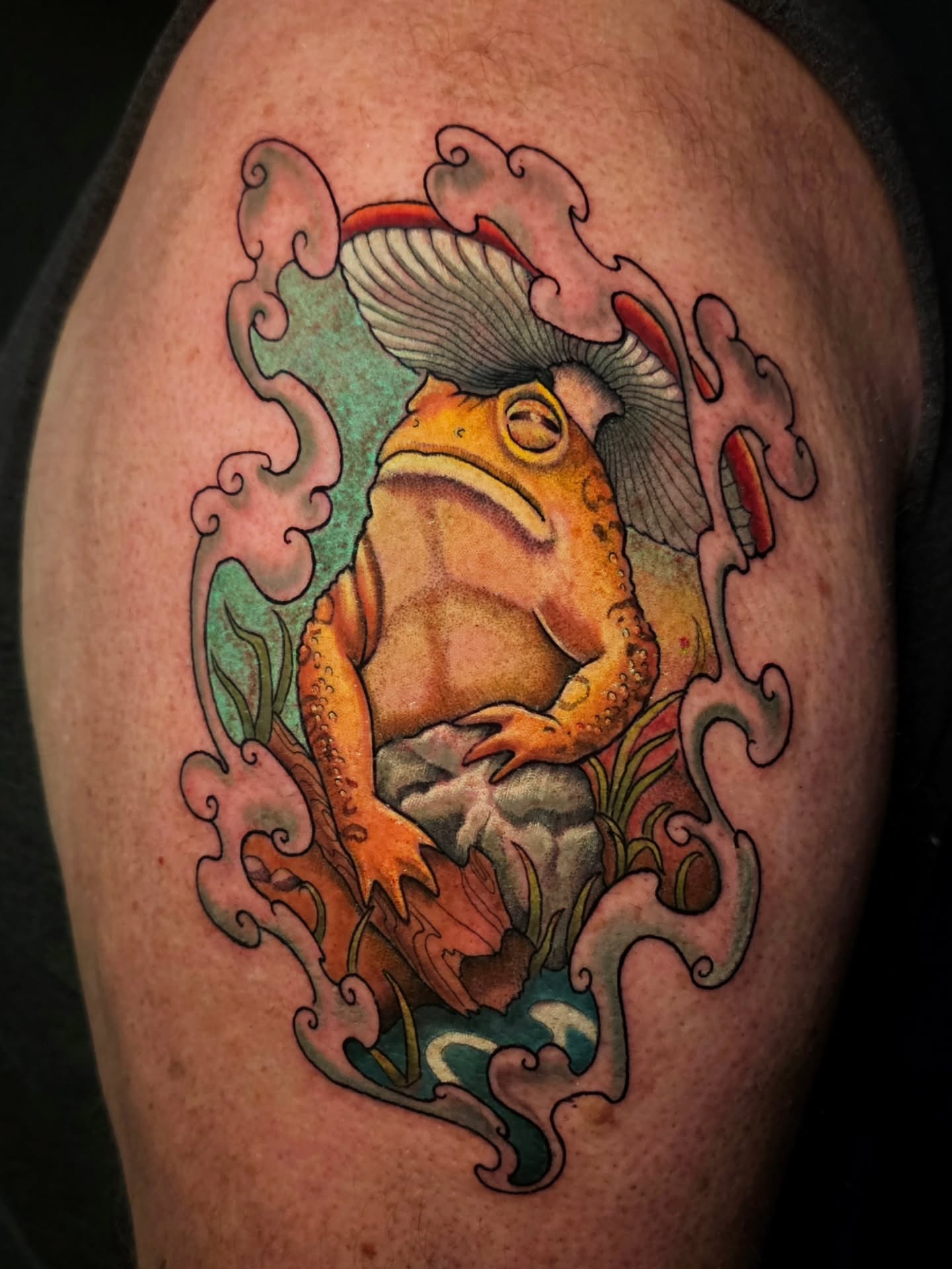 Toad American traditional tattoo on the thigh by Adriannah Esparza