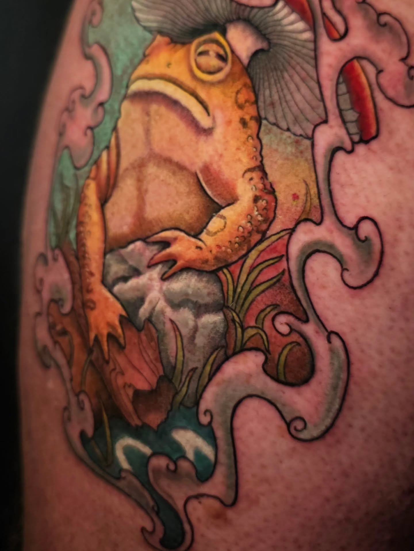 Toad American traditional tattoo on the thigh by Adriannah Esparza