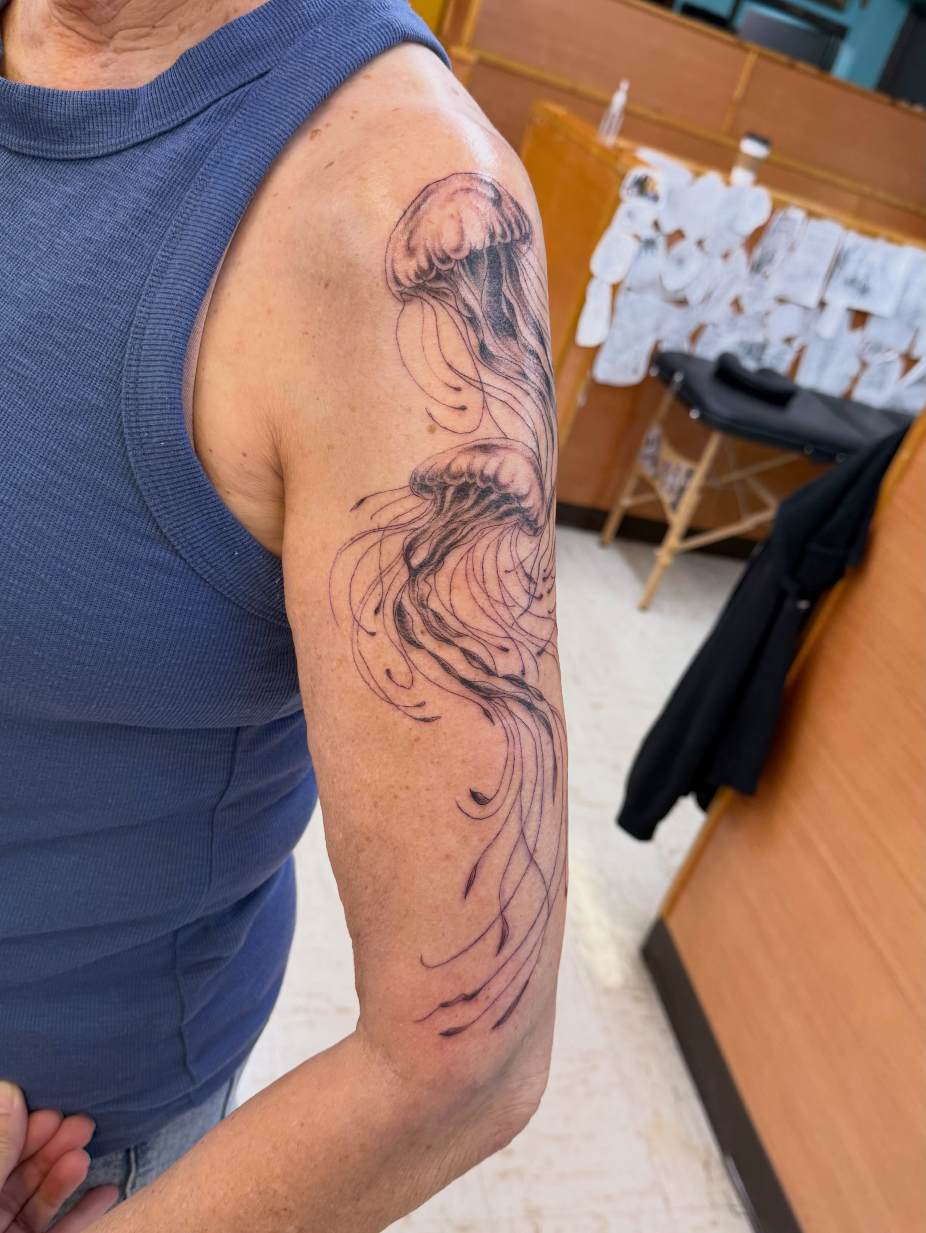 Jellyfish black and grey tattoo on the forearm by Levi Sawdon, Everett, Washington