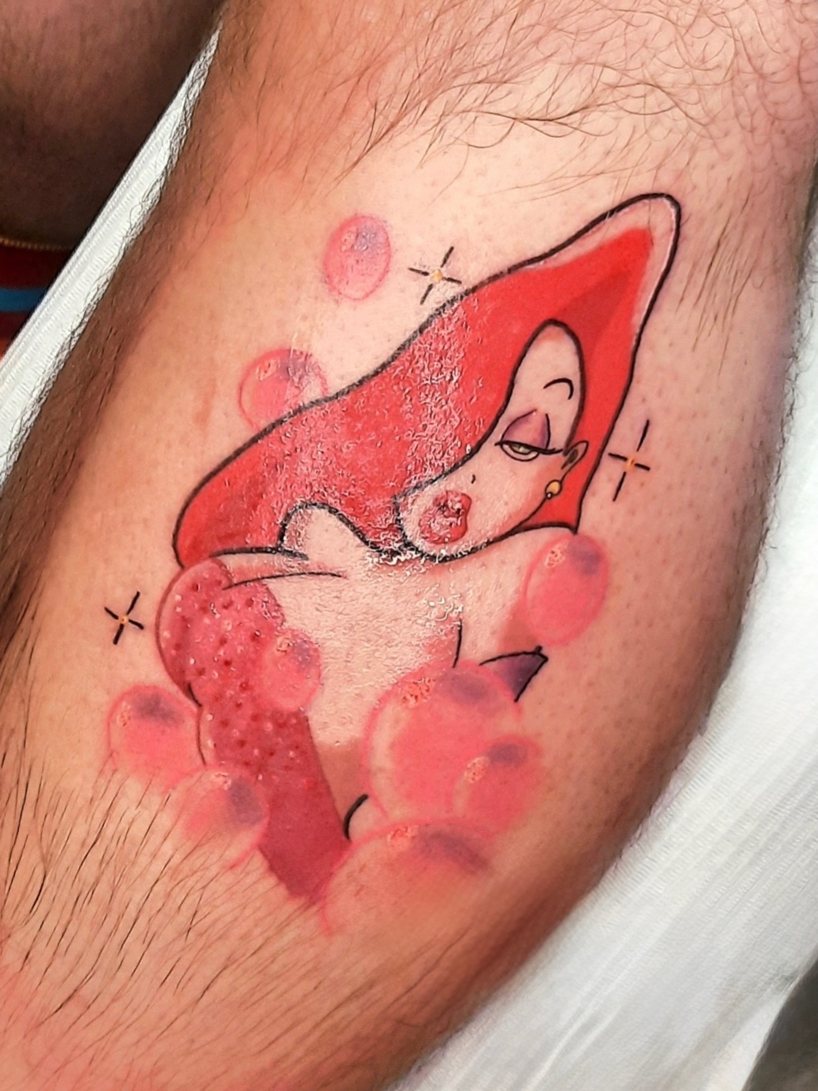 Red hat character dotwork tattoo on the forearm by Kyndall Lynn, Waxahachie, Texas