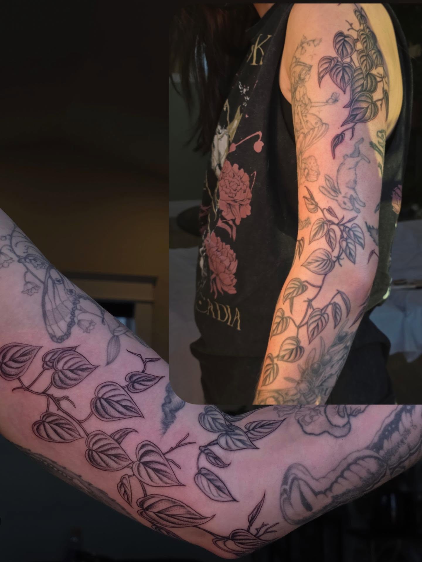 Leafy vine black and grey tattoo on the upper arm by Sierra (cc) Klein