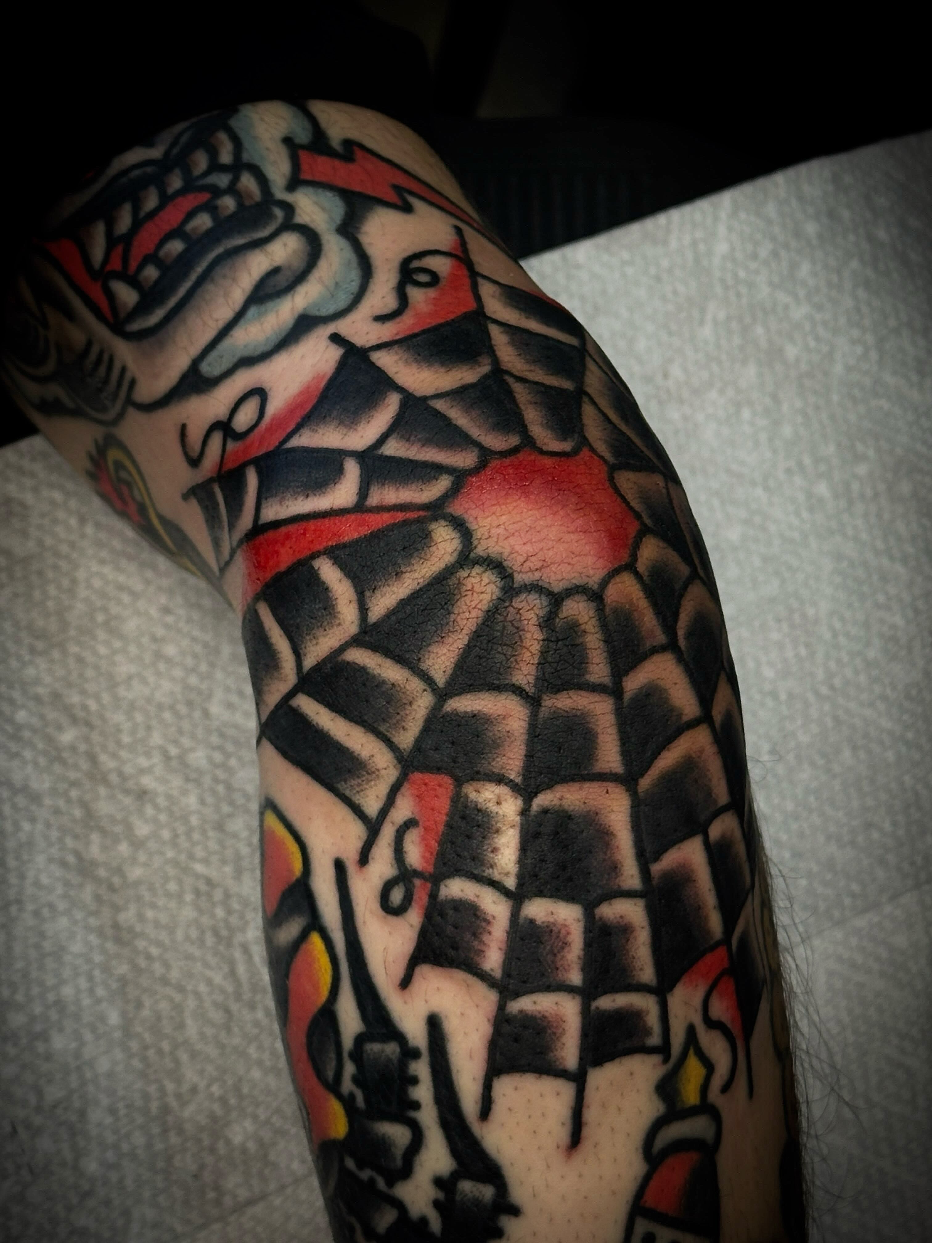 Castle American traditional tattoo on the forearm by Rob, Nashville, Tennessee