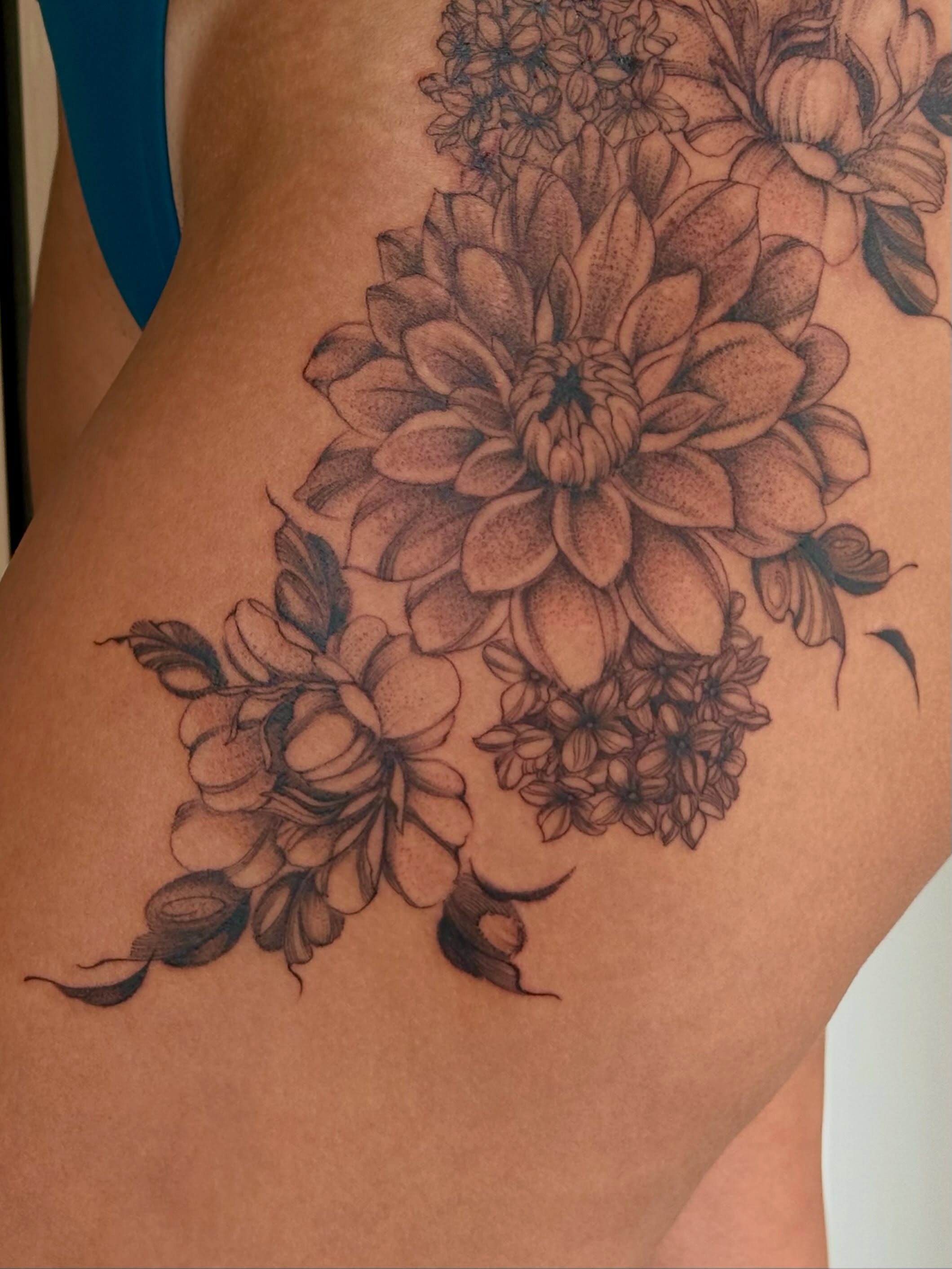 Floral bouquet dotwork tattoo on the thigh by thuy (twee) <3, San Jose, California