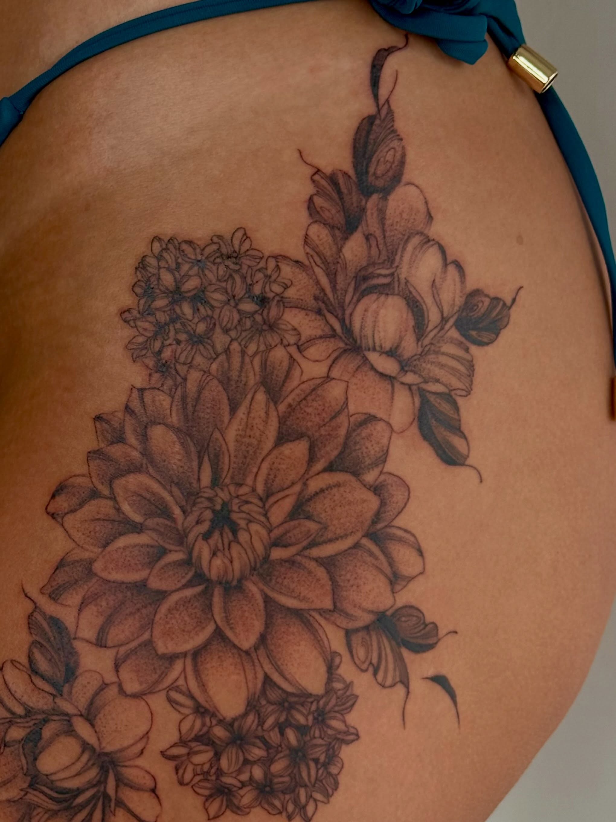 Floral bouquet dotwork tattoo on the thigh by thuy (twee) <3, San Jose, California