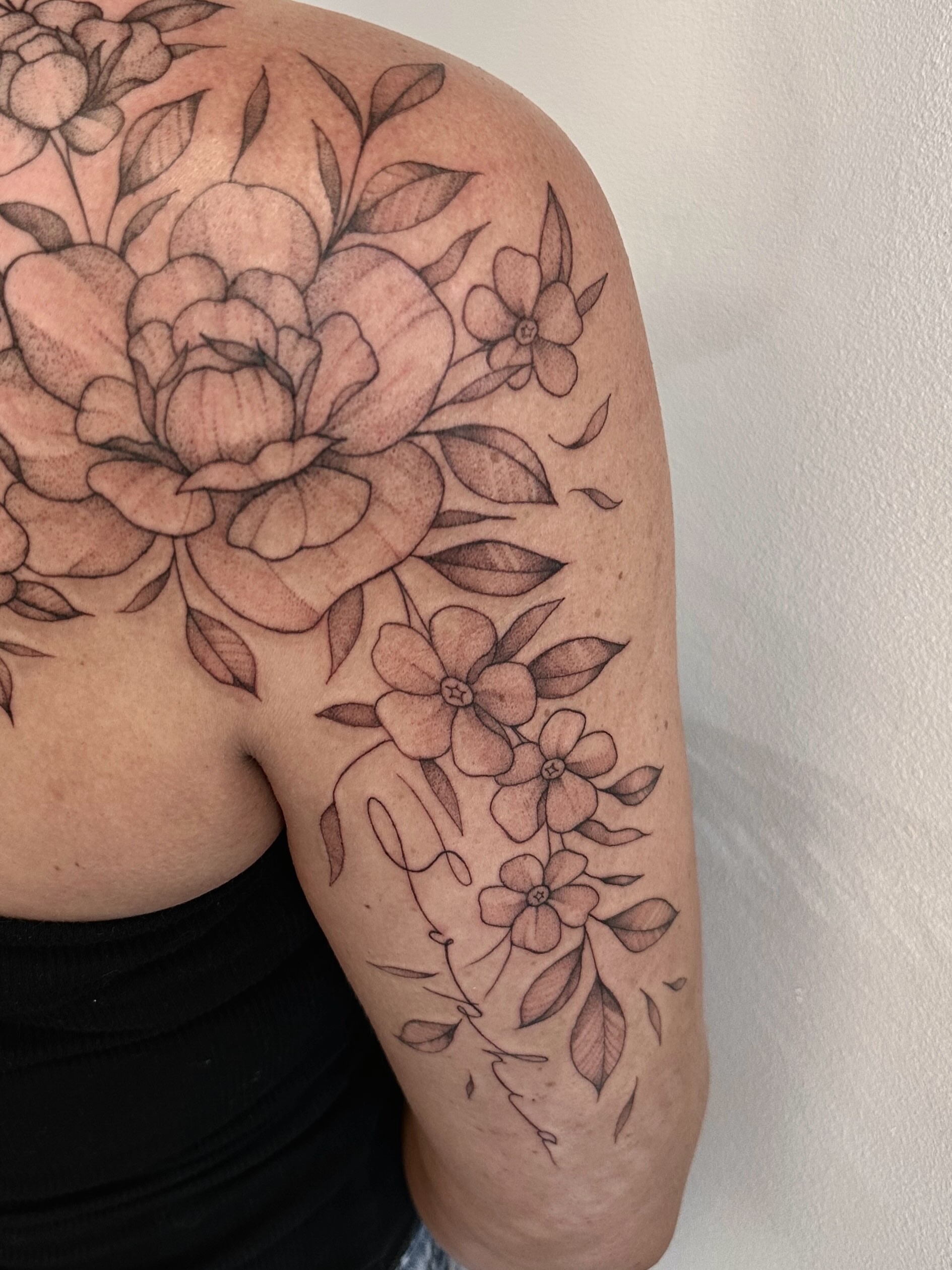 Tattoo by @shroomgrrrl — black_and_grey