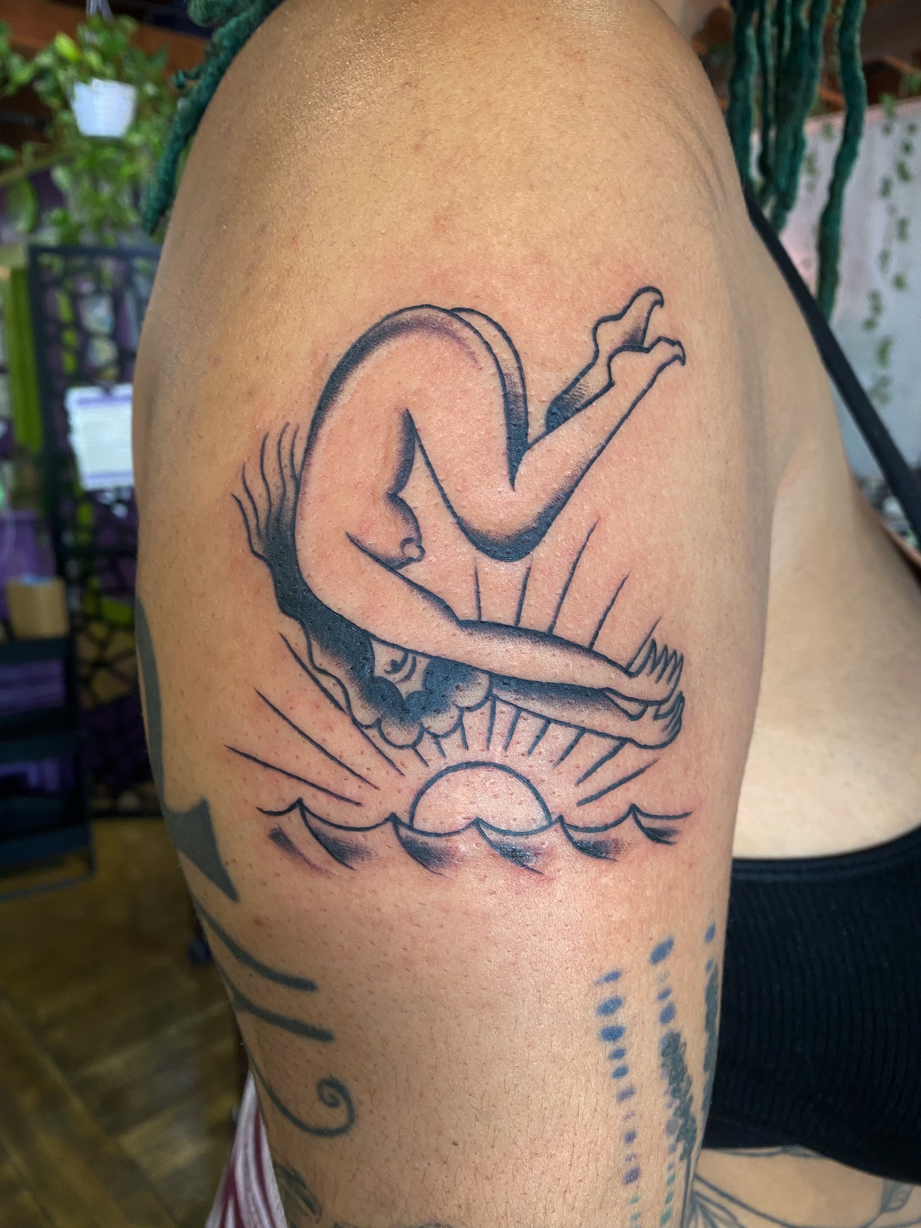Mermaid black and grey tattoo on the shoulder by Karl Hegwein, Portland, Oregon