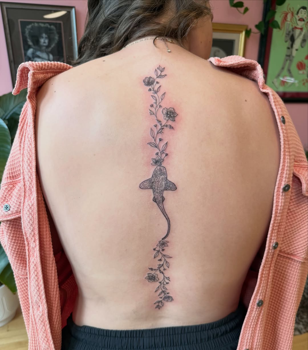 Shark and floral vine black and grey tattoo on the back by Kelsey Lynn▪️Raleigh Tattoo Artist