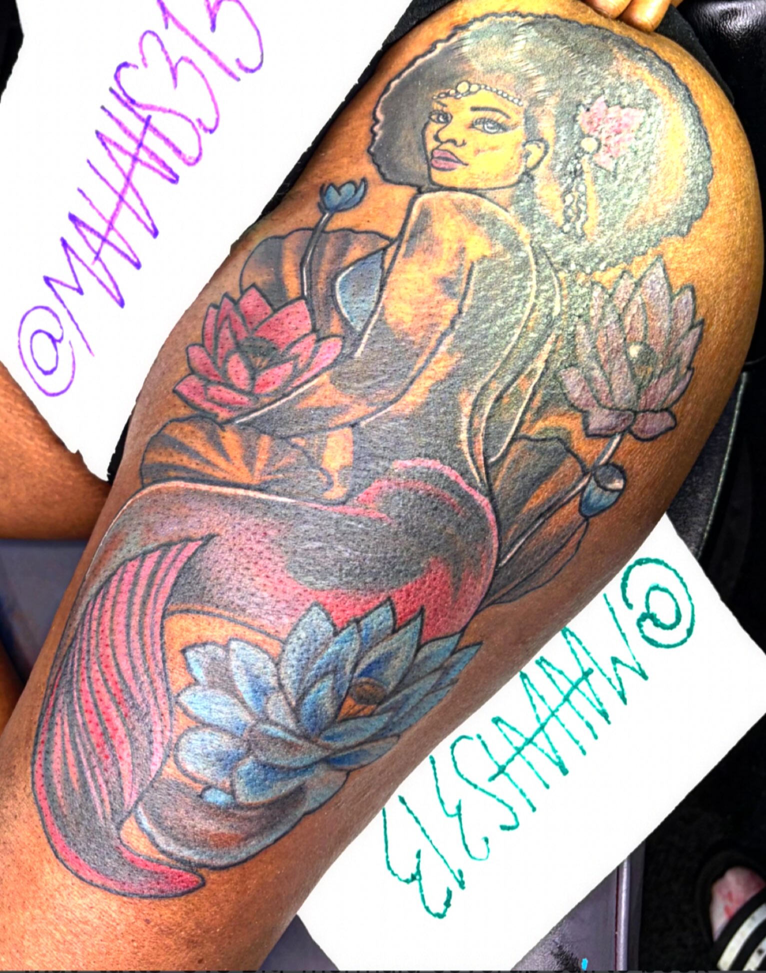 Mermaid with lotus flowers American traditional tattoo on the thigh by 🔥Matt Tatts 313🔥
