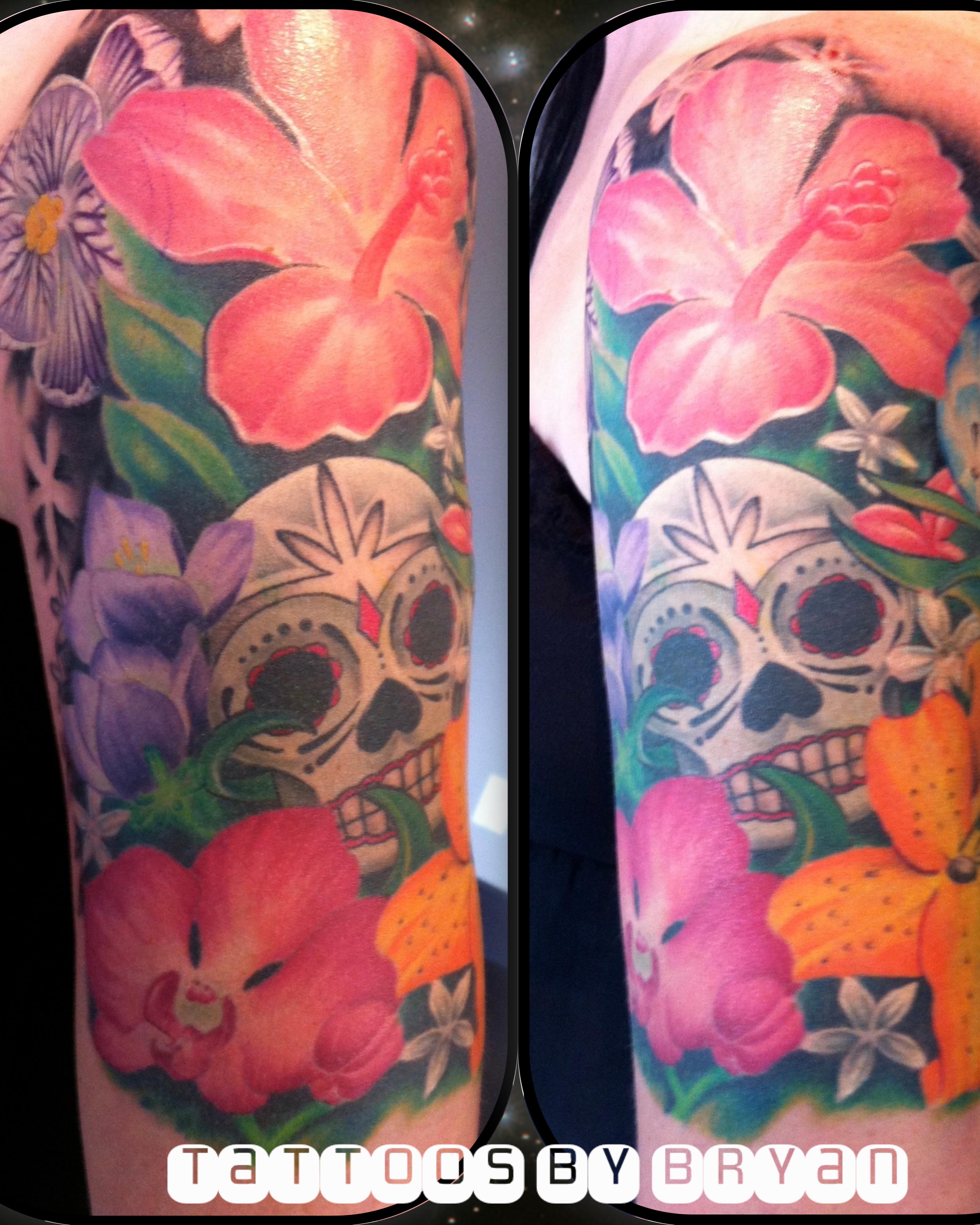 Skull and floral American traditional tattoo on the forearm by Bryan Hunt