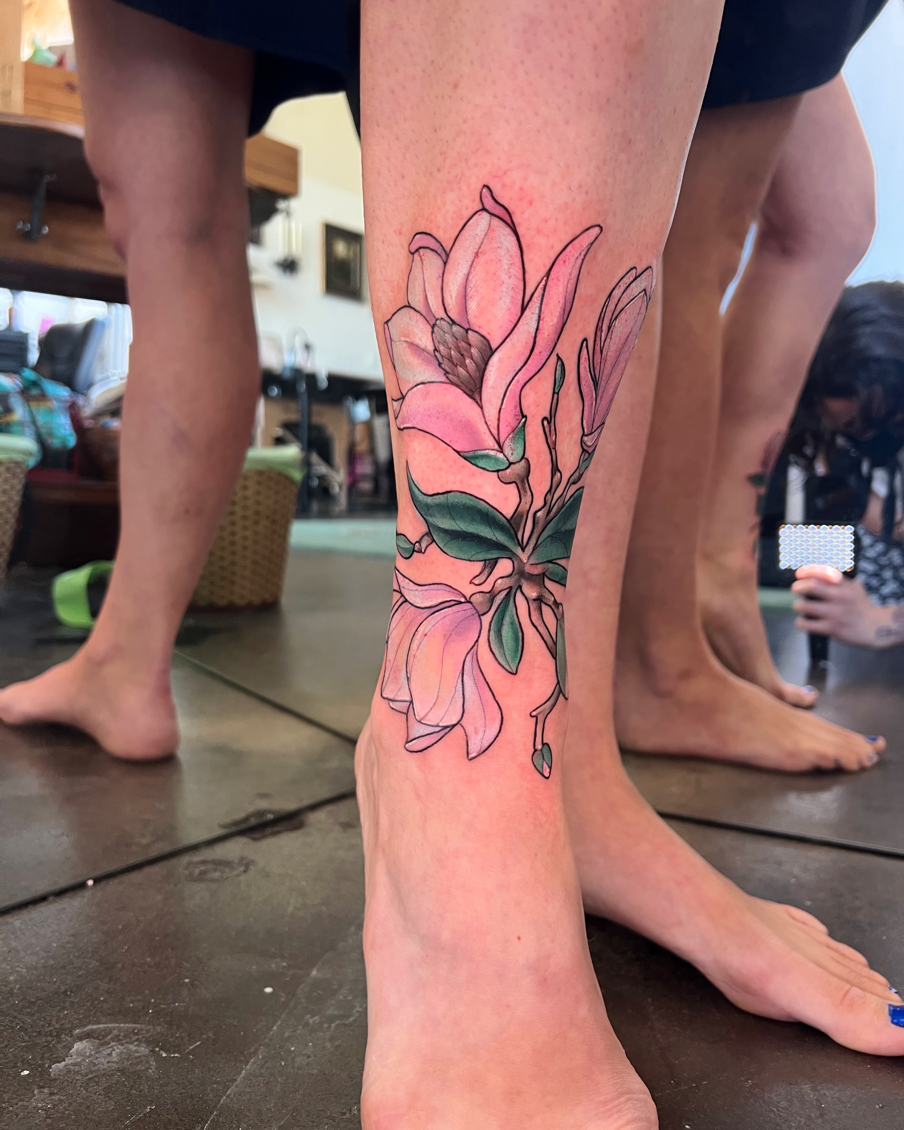 Magnolia flowers realism tattoo on the calf by Michelle Pomerantz 🌼 Portland Tattoo Artist