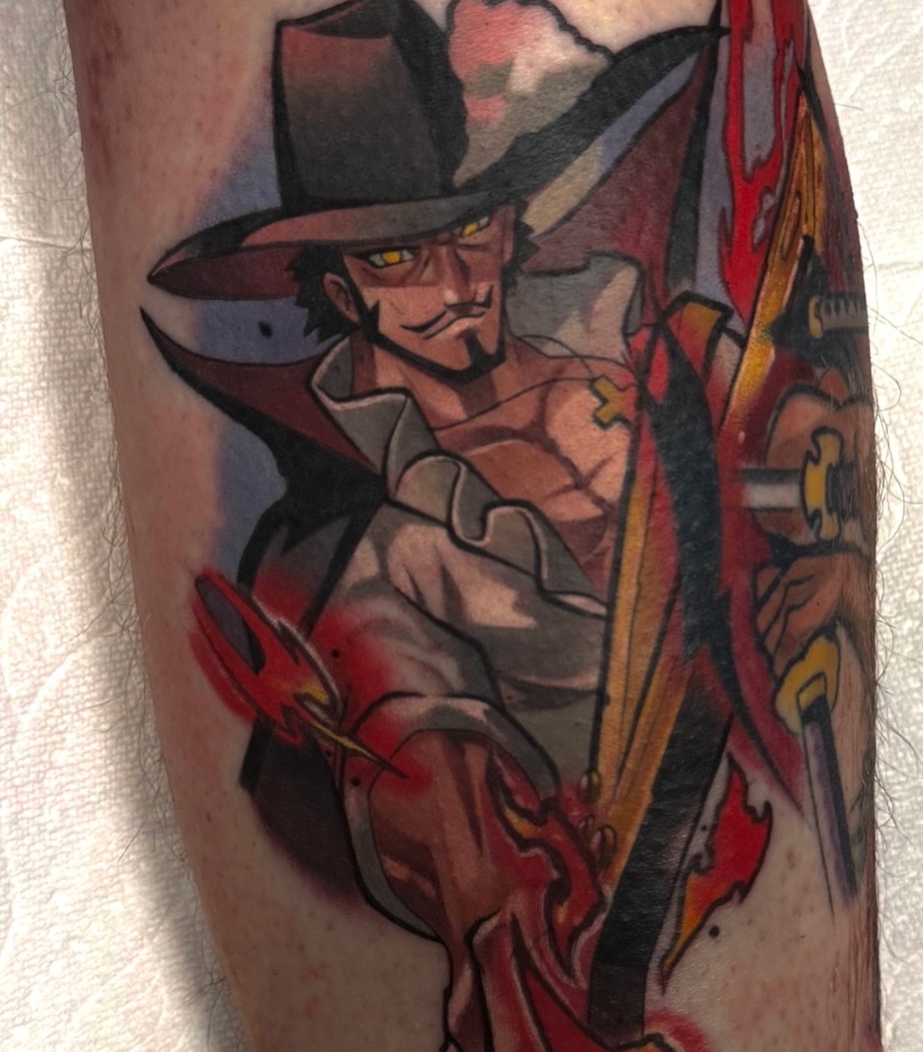 Cowboy with sword American traditional tattoo on the forearm by Jake lyon