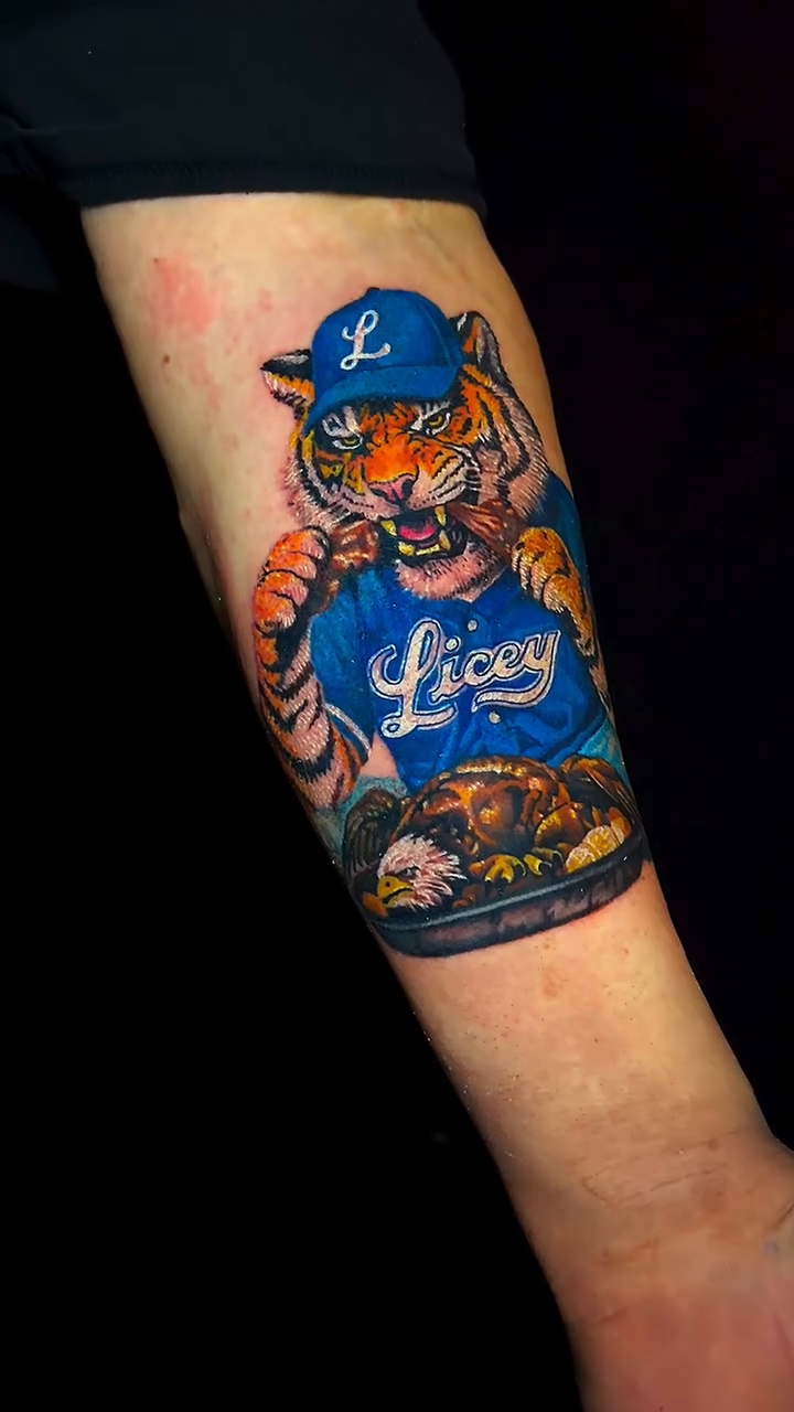 Tiger and baseball cap new school tattoo by Jayb, Passaic, New Jersey