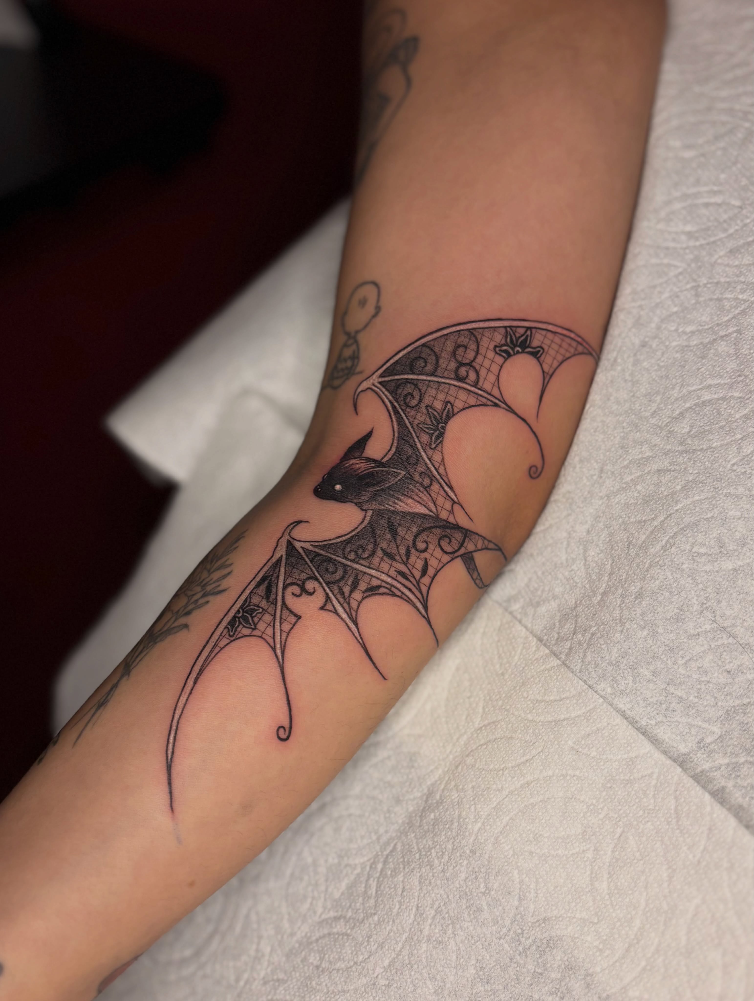 Bat ornamental tattoo on the forearm by the ink witch ๐ฎ๐ค๐