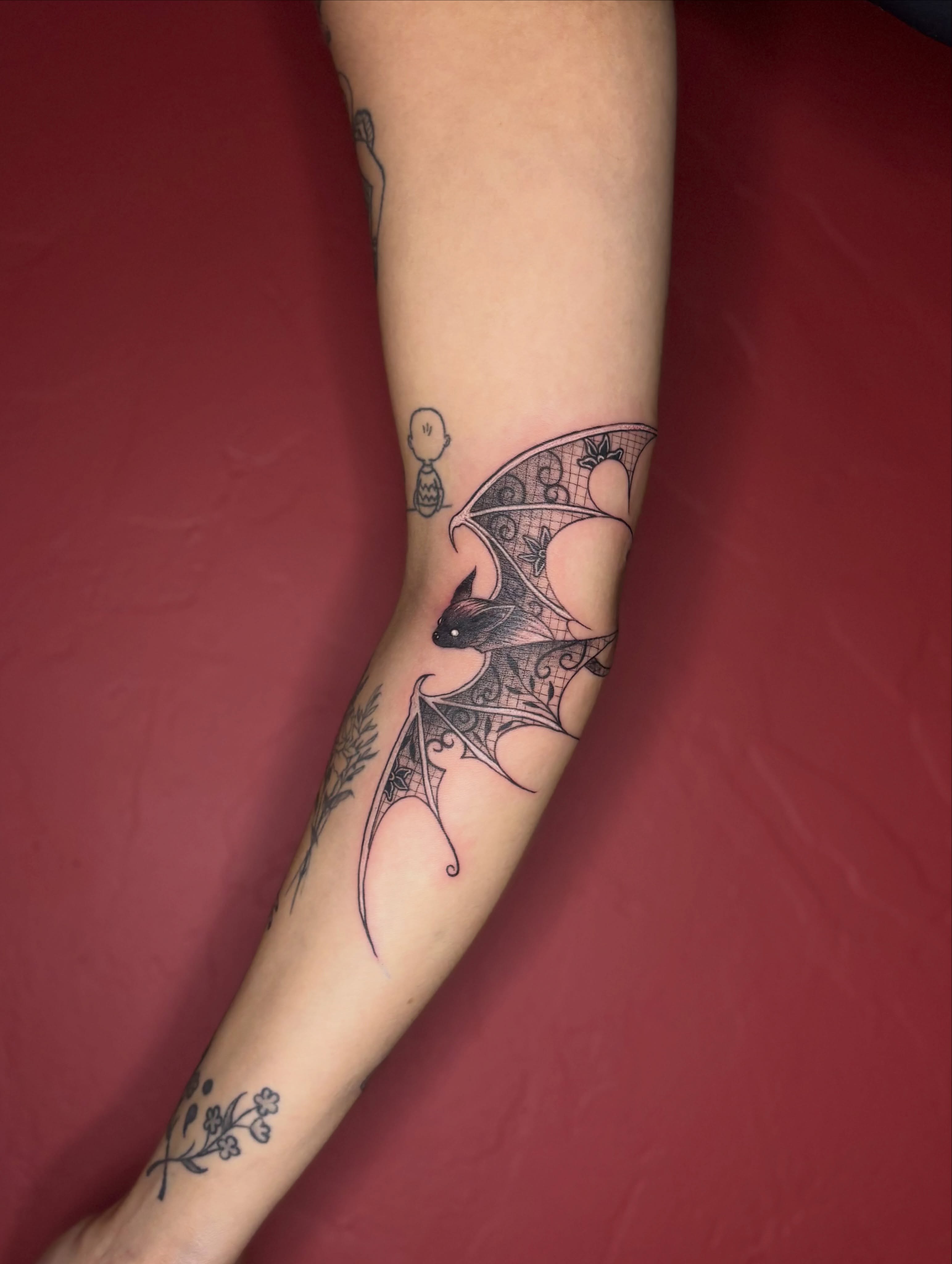 Bat black and grey tattoo on the forearm by the ink witch ๐ฎ๐ค๐