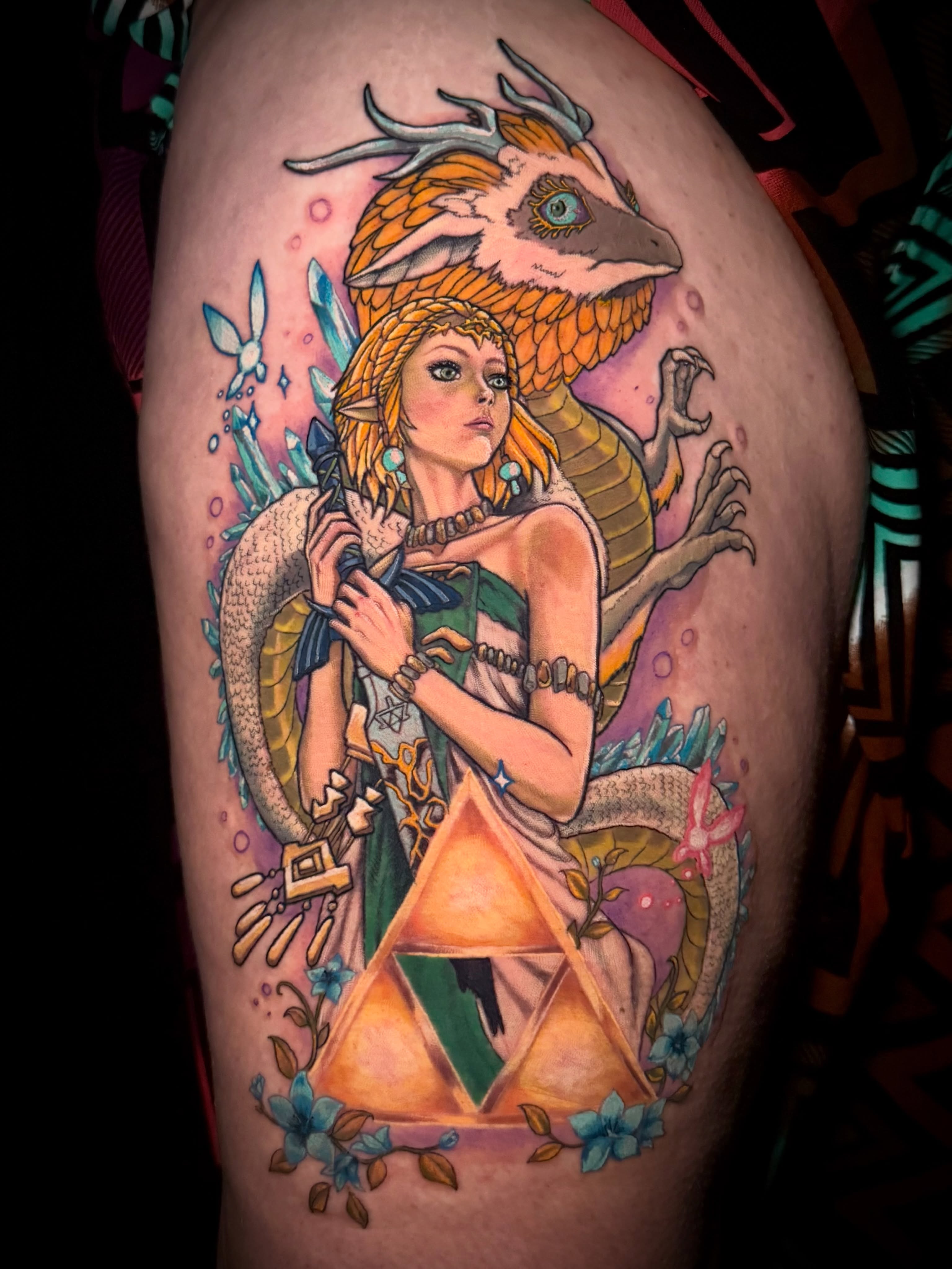 Mythical creature and woman illustrative tattoo on the thigh by Cheyenne Ciera Goulish, Warren, Ohio