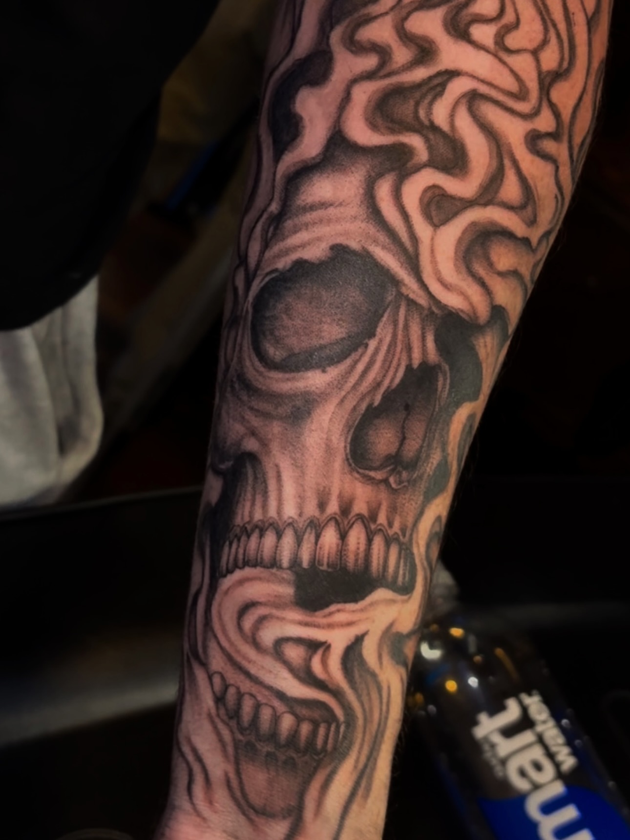 Smoking skull realism tattoo on the forearm by 𝔾𝔥𝓸ş𝔱