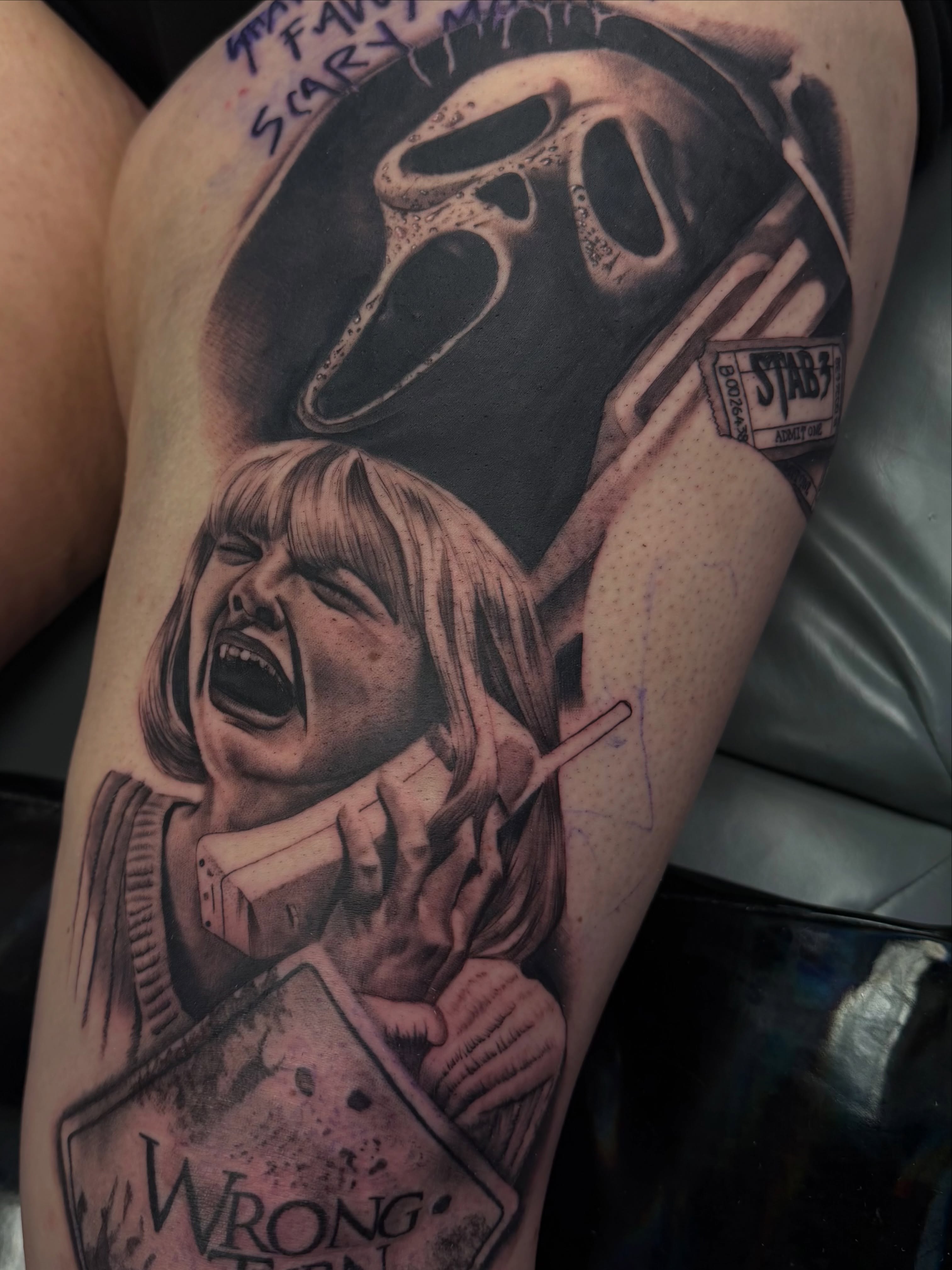 Scream mask and woman realism tattoo on the thigh by Carly🪲 greensboro tattoo artist, Greensboro, North Carolina