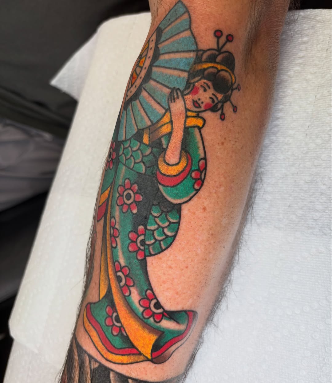 Geisha American traditional tattoo on the forearm by AARON MASTERS - Tattoo Artist