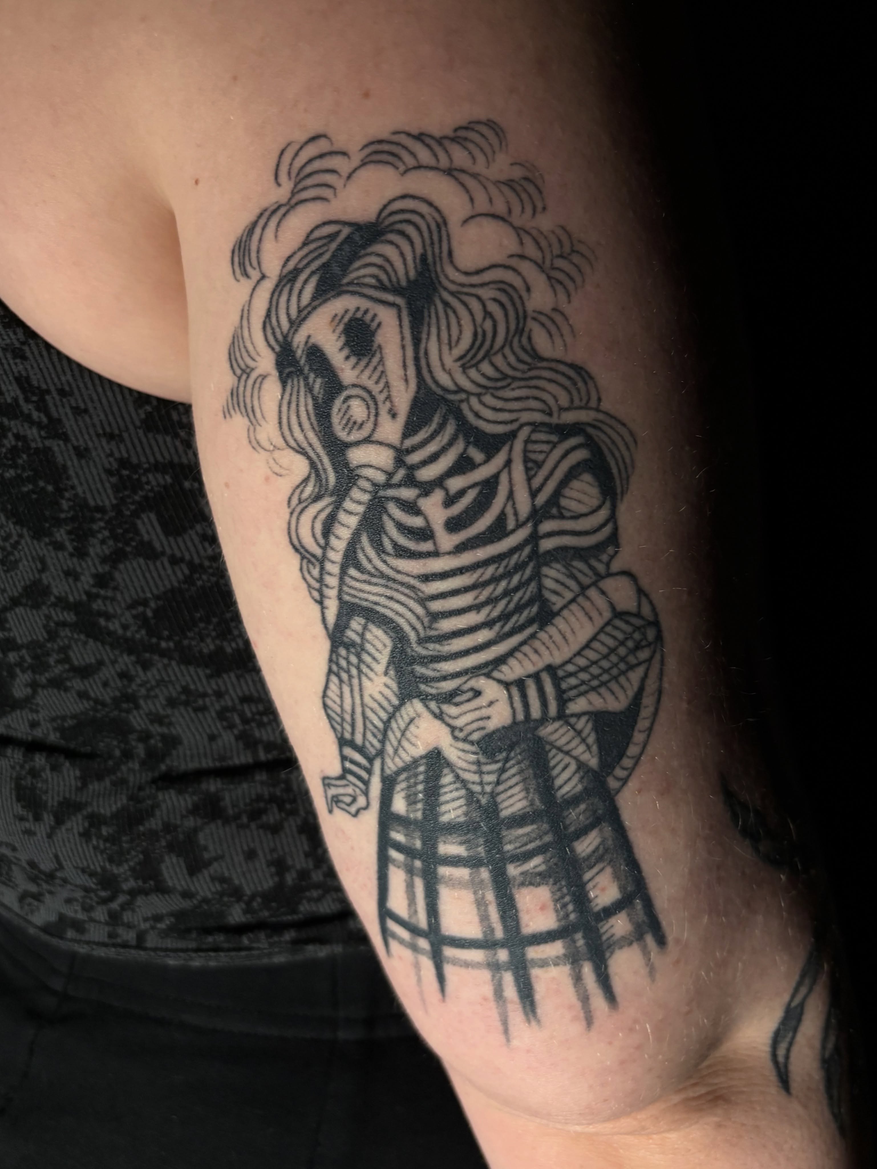 Skeleton in kilt black and grey tattoo on the forearm by ๐๐๐ฏ๐ฌ๐ซ ๐๐ก๐ก๐๐ช๐ฐ