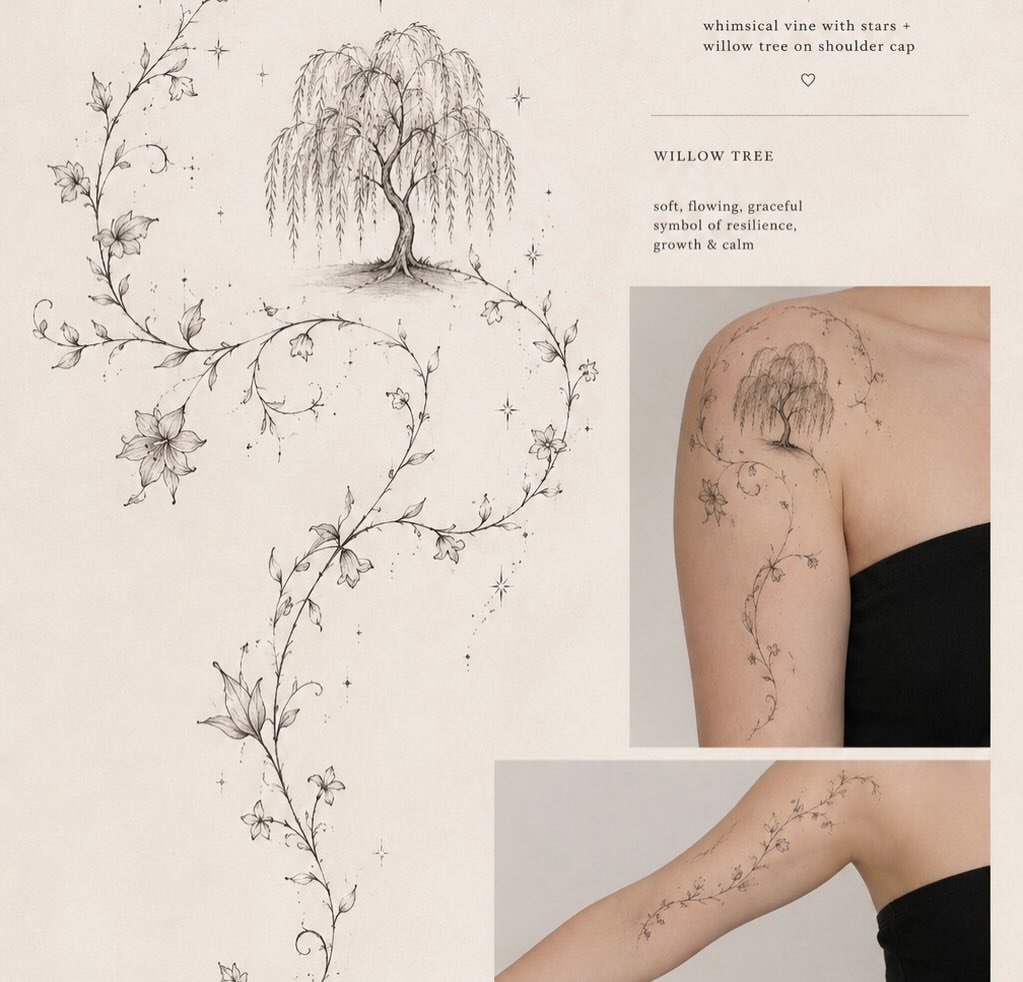 Willow tree black and grey tattoo on the shoulder by Vintage tattoo