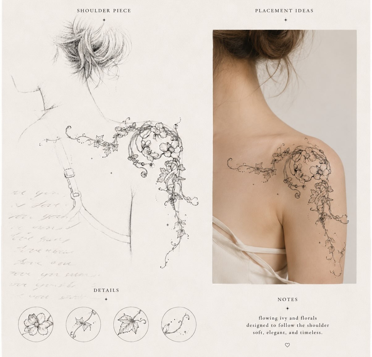 Flowing ivy and florals fine line tattoo on the shoulder by Vintage tattoo