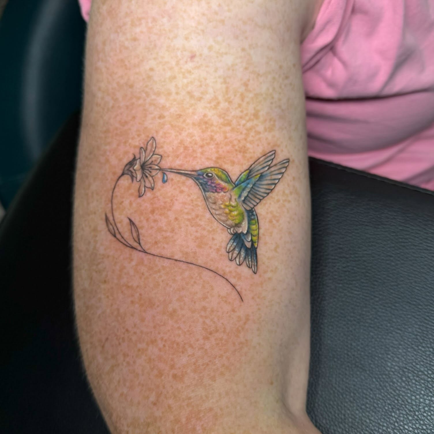 Hummingbird and flower realism tattoo on the forearm by ✶ teryn ✶, Akron, Ohio