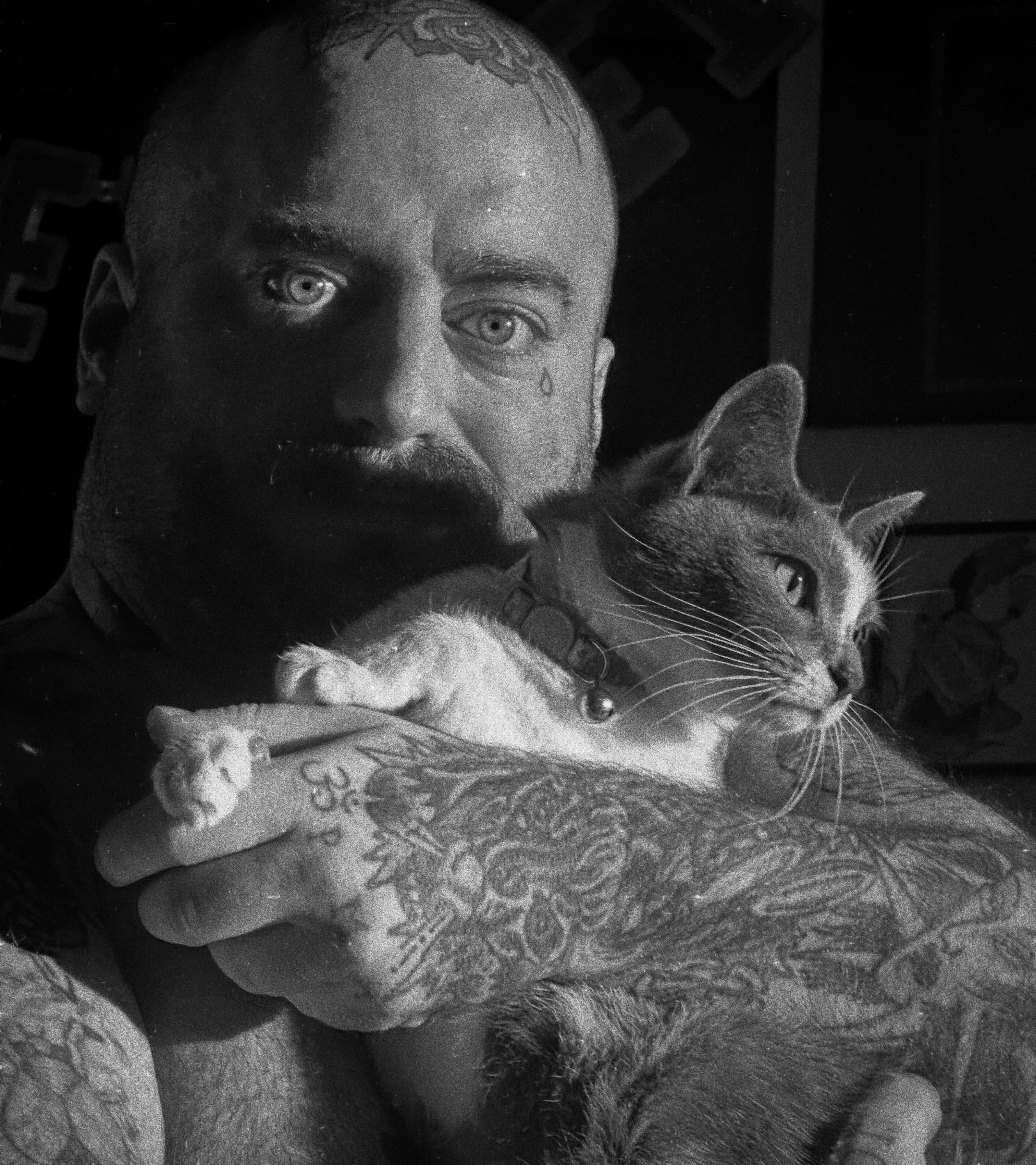 Cat black and grey tattoo on the upper arm by Kyle Simmons