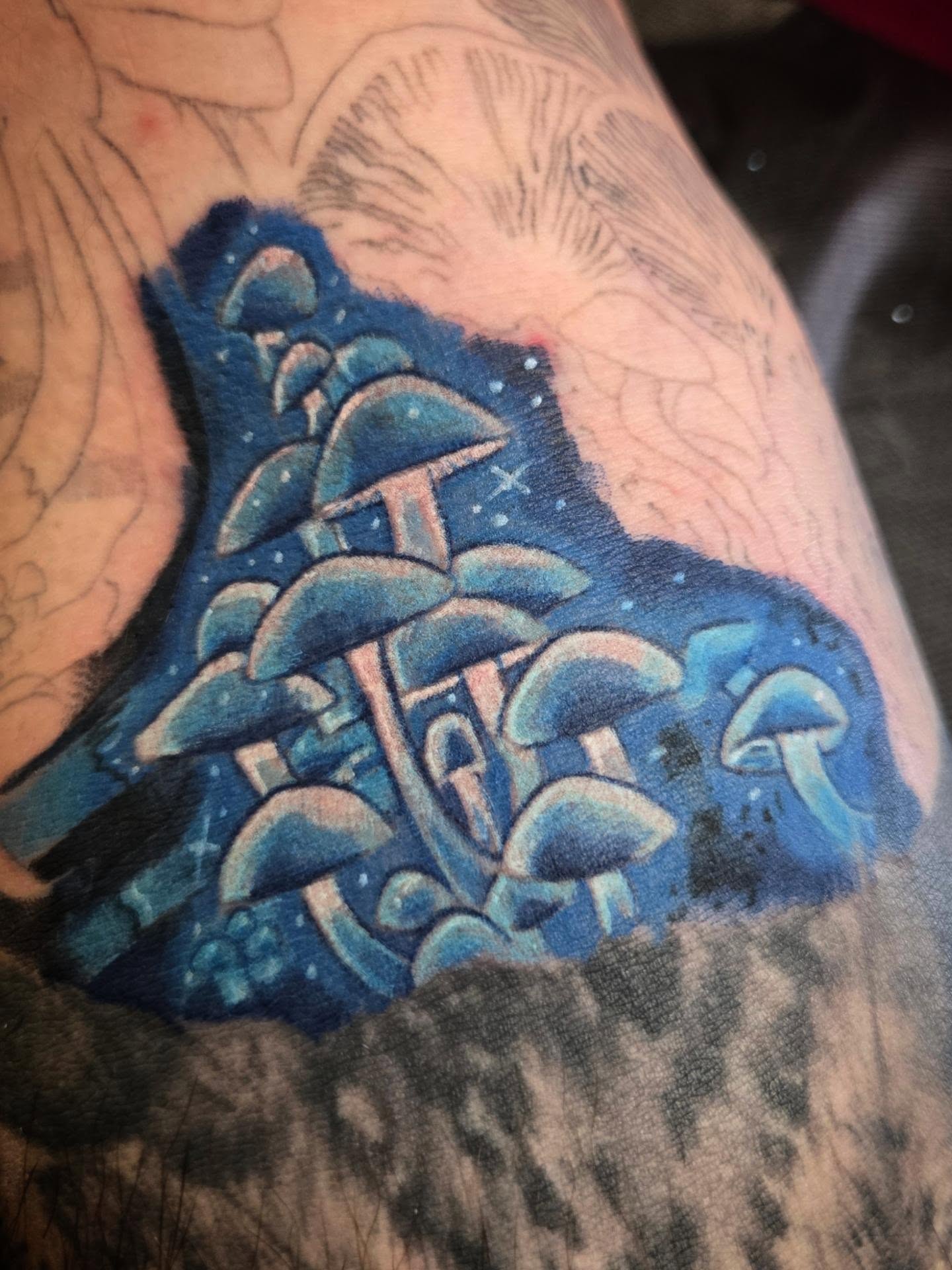 Mushroom cluster dotwork tattoo on the forearm by Irma π€β¨, Las Vegas, Nevada