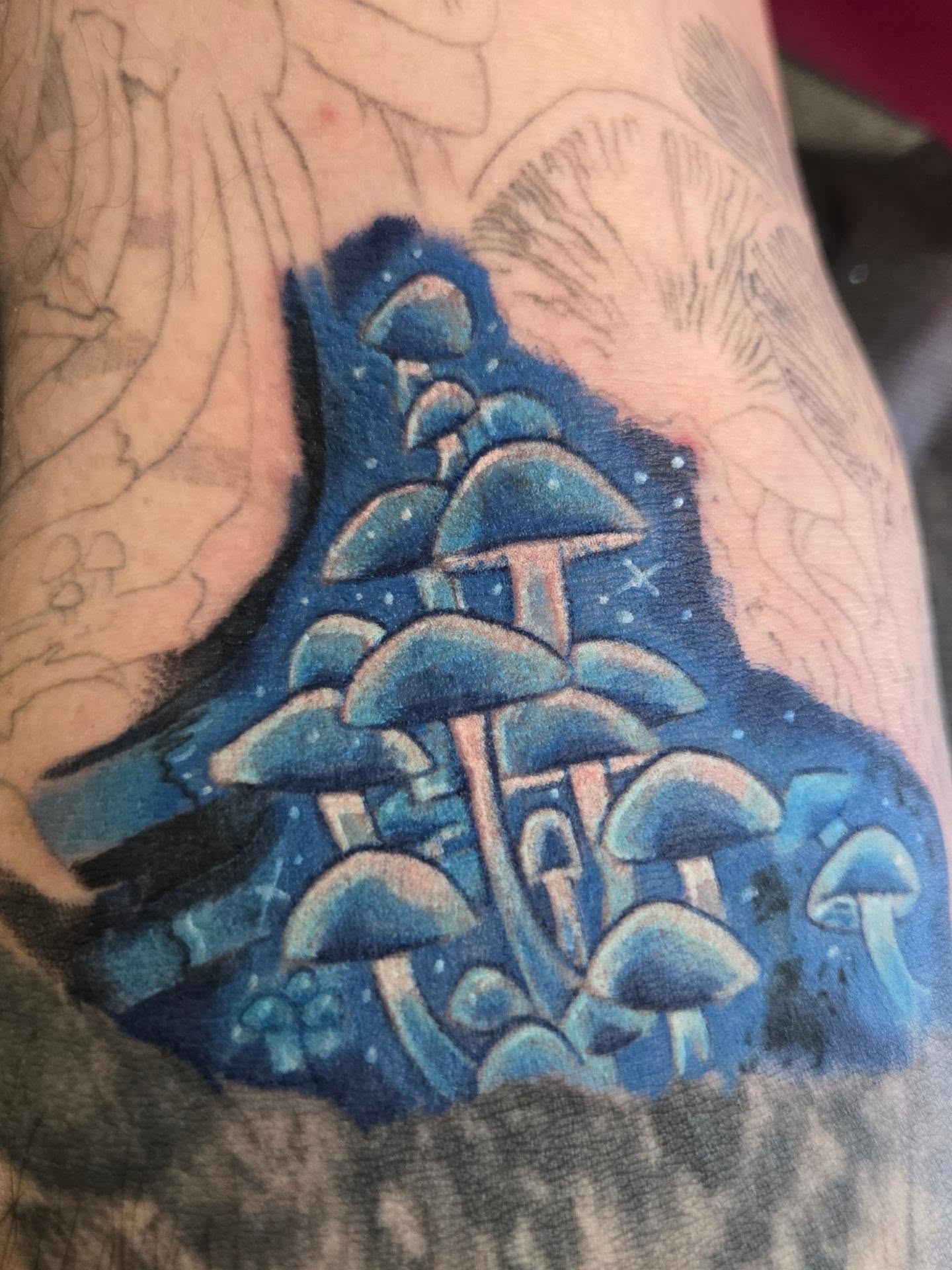 Mushroom cluster dotwork tattoo on the forearm by Irma π€β¨, Las Vegas, Nevada
