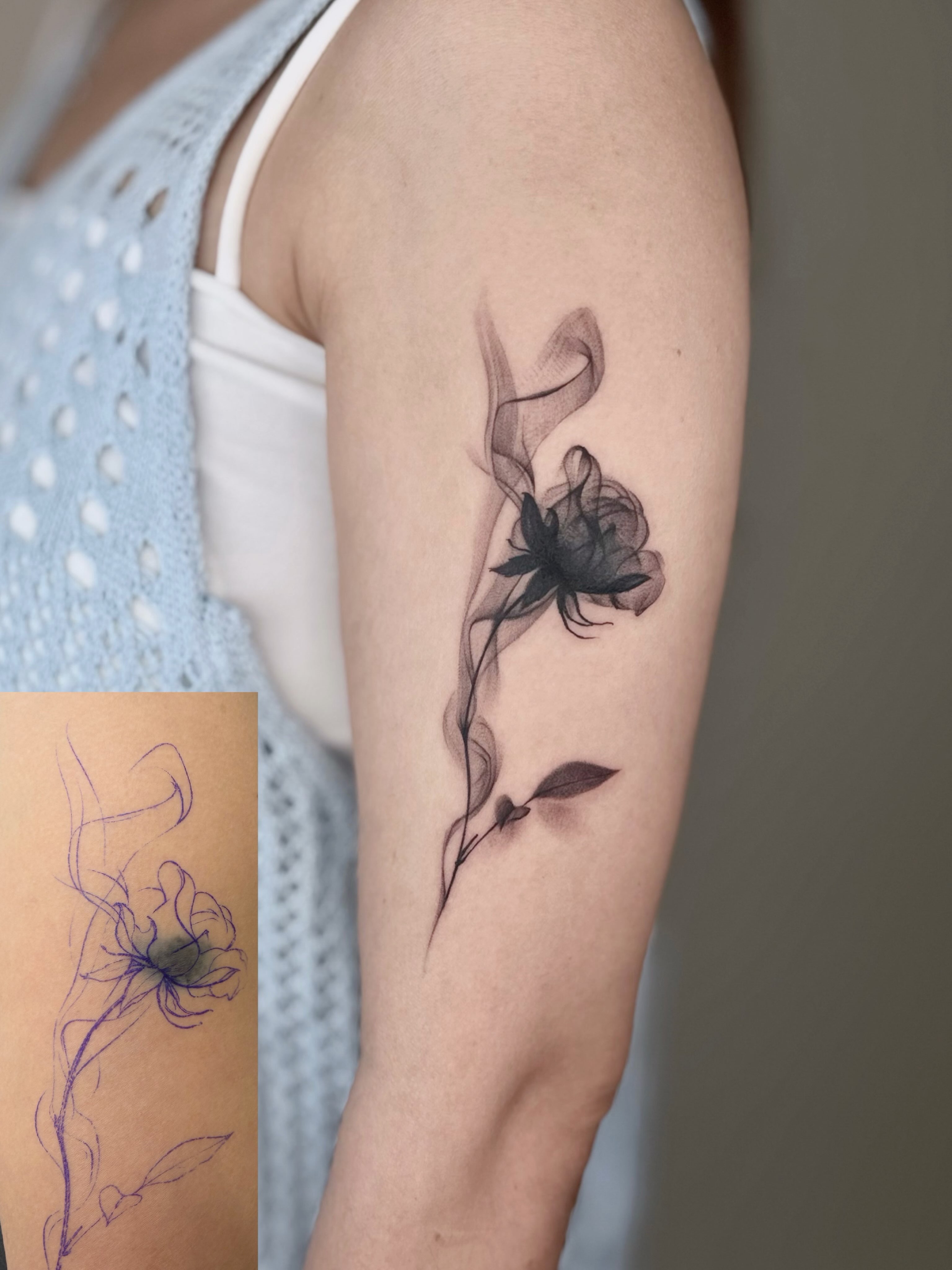 Smoke-like flower black and grey tattoo on the forearm by ๐๐๐๐ ๐๐๐๐๐๐ ๐๐๐๐๐