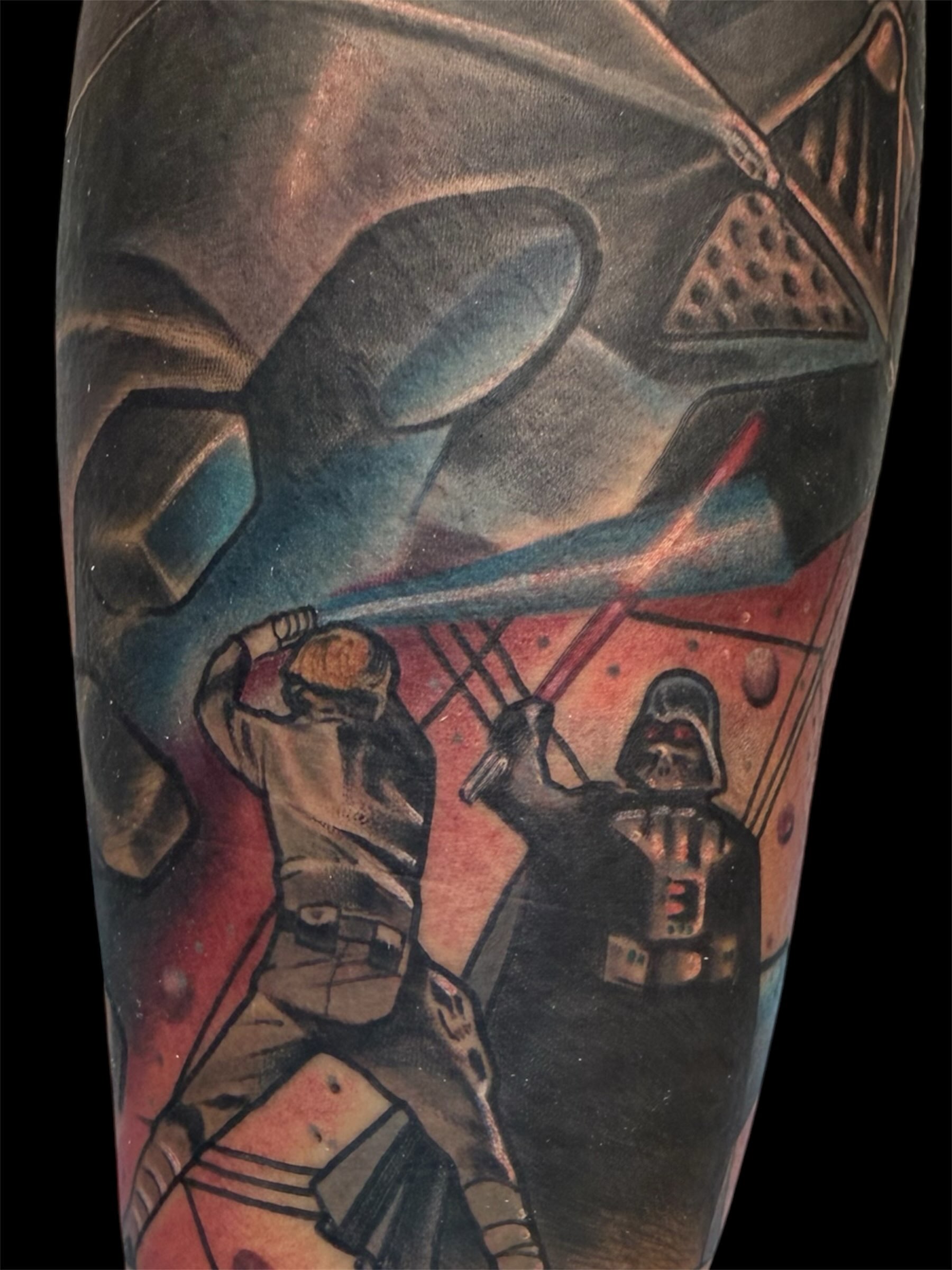 Star wars battle dark realism tattoo on the forearm by Chris Smiseck