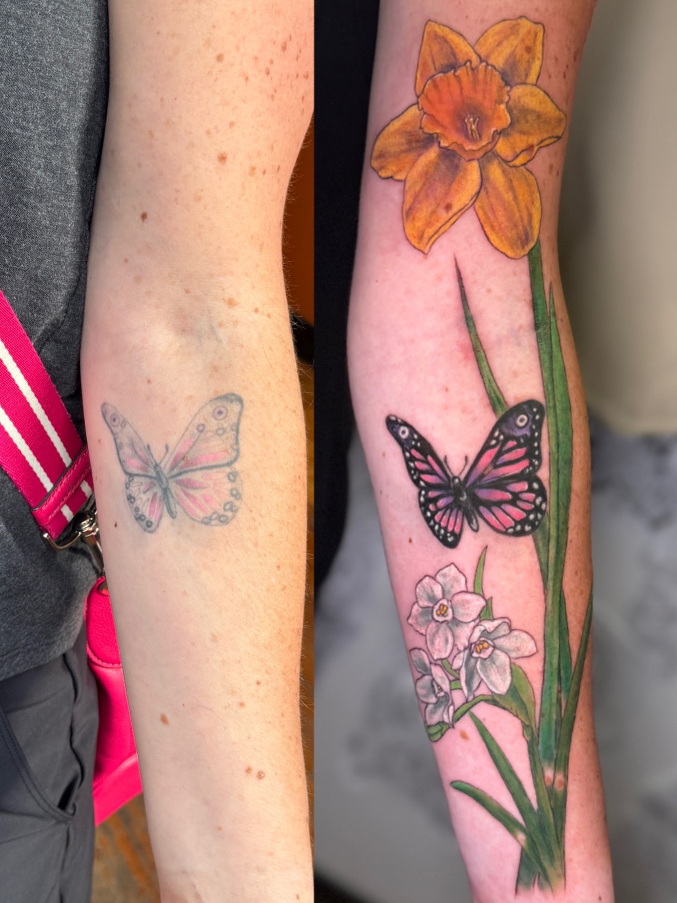 Butterfly and flowers realism tattoo on the forearm by ❈°binx°❈