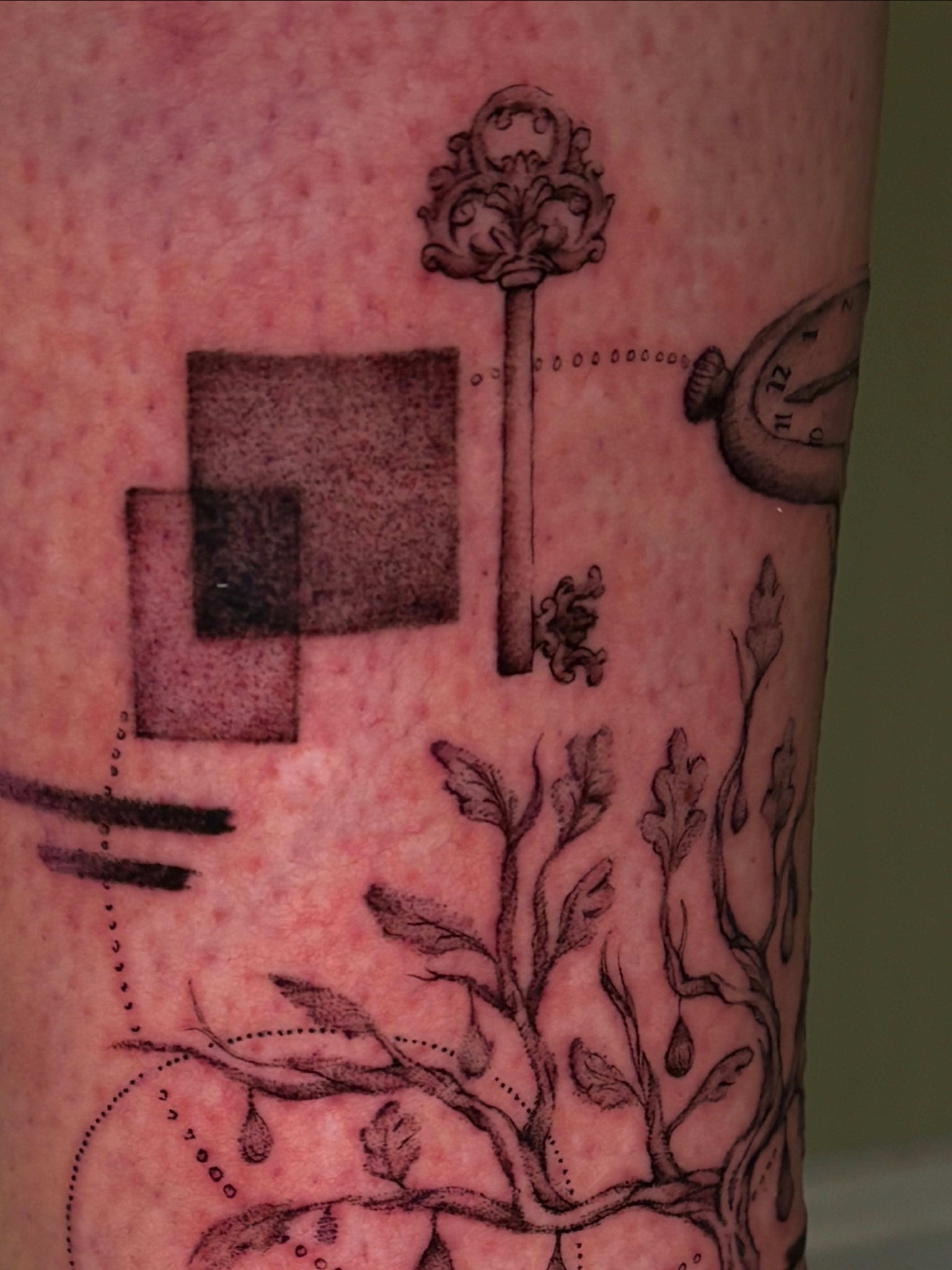 Key, clock, tree, square black and grey tattoo on the forearm by Chloe Shay