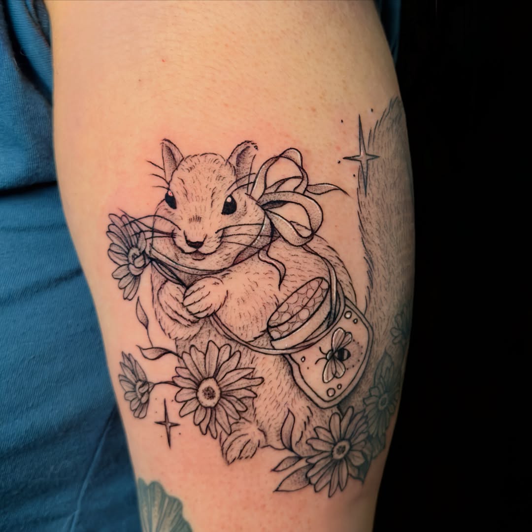 Chinchilla with lantern black and grey tattoo on the forearm by Charlotte (Luna), Seattle, Washington