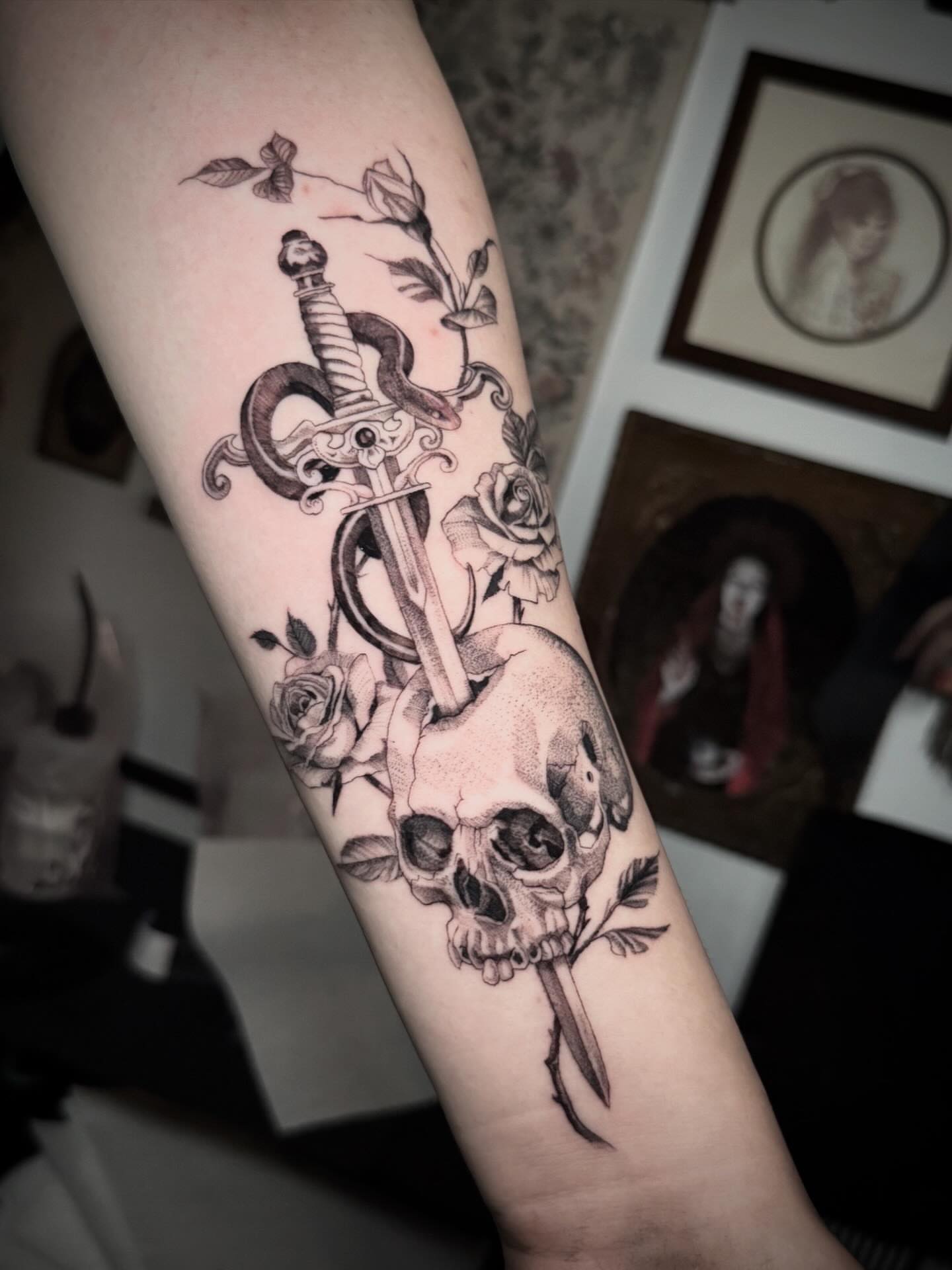 Skull and dagger realism tattoo on the forearm by † Aileen † Chicago Tattoo Artist