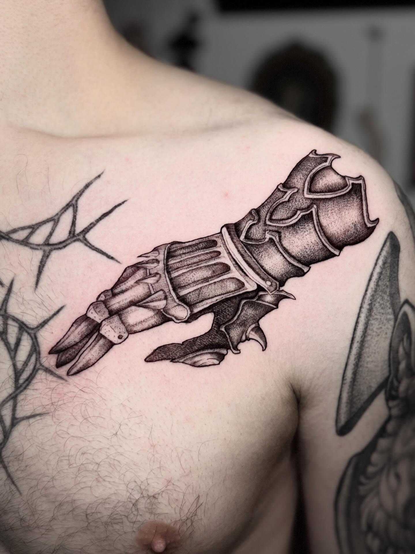 Mechanical hand geometric tattoo on the chest by † Aileen † Chicago Tattoo Artist