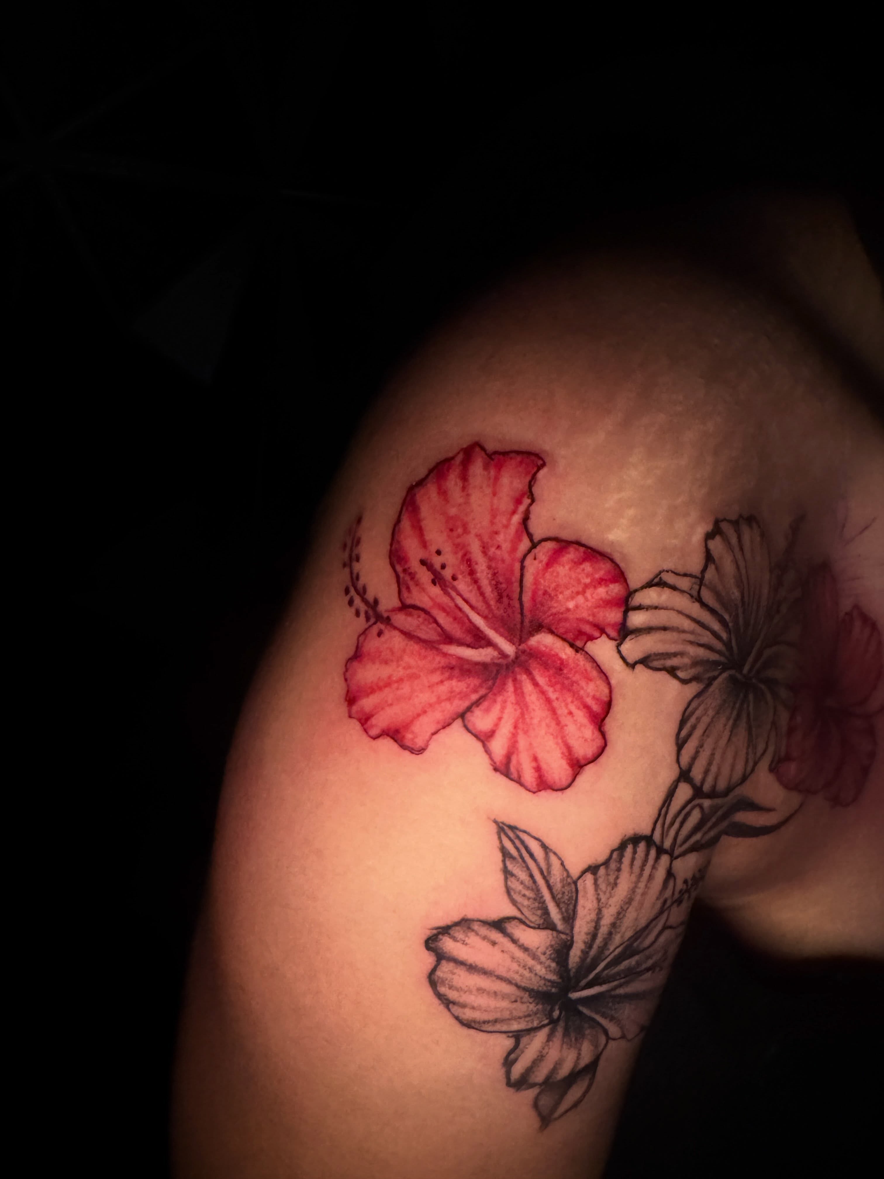 Hibiscus flowers black and grey tattoo on the shoulder by dallas tattoo artist, Duncanville, Texas