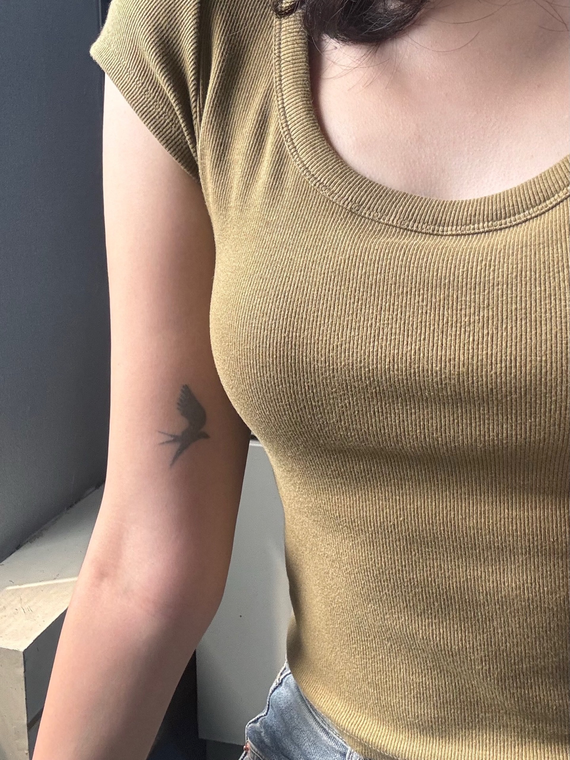 Swallow black and grey tattoo on the forearm by 매실 * handpoke