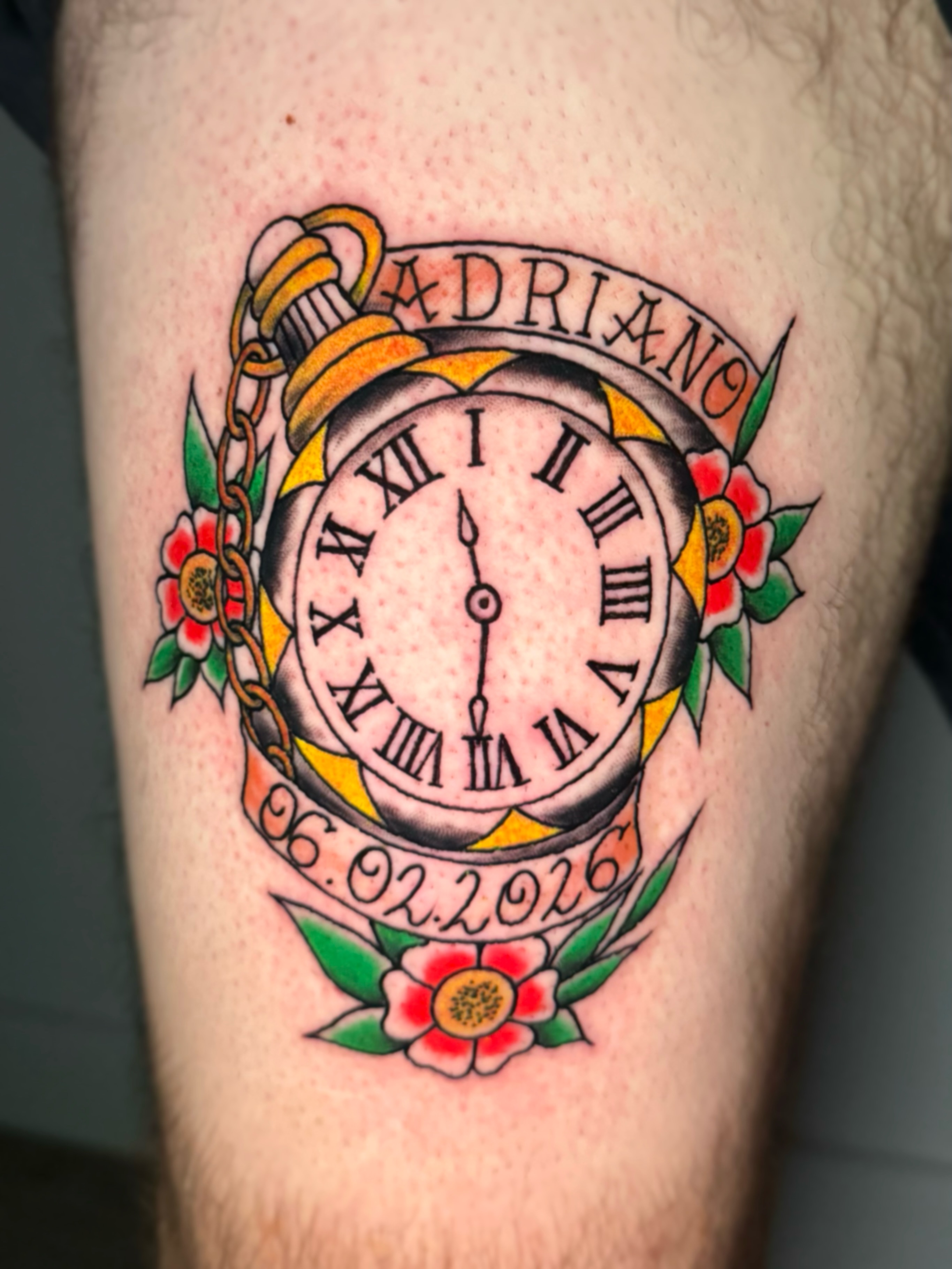 Clock with floral decoration American traditional tattoo on the thigh by @luckybunnytat2