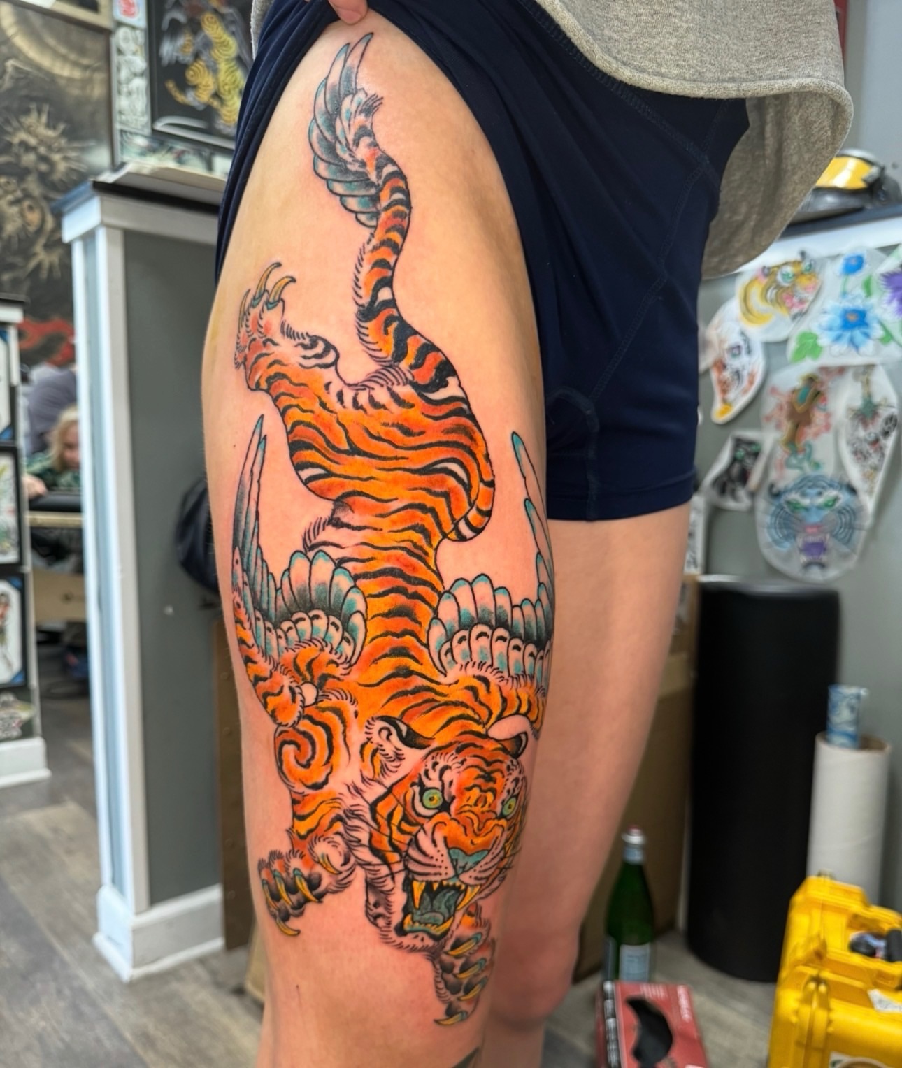 Tiger American traditional tattoo on the thigh by Tim Lehi, Oakland, California