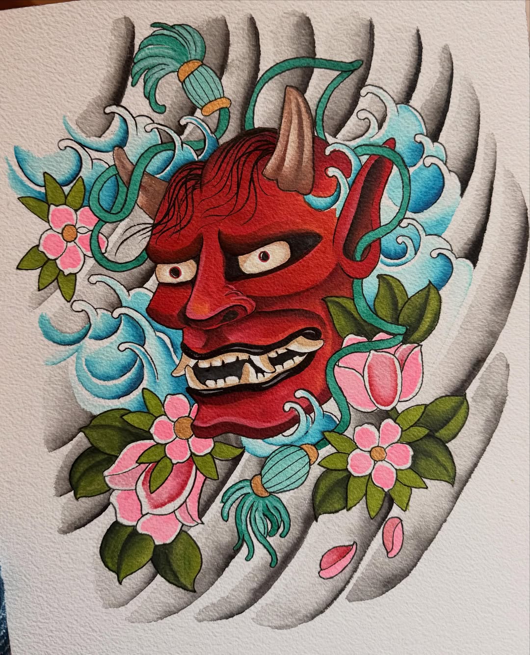 Demon mask japanese irezumi tattoo by Alyssa Deeghan
