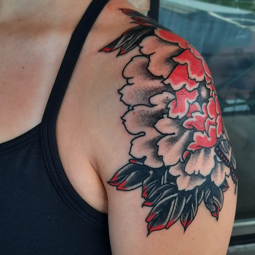 Peony japanese irezumi tattoo on the shoulder by Kaetlyn
