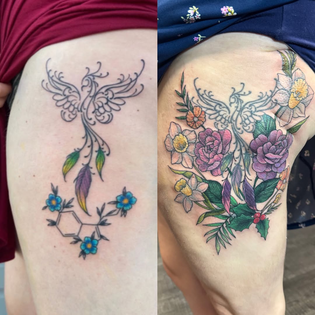 Phoenix and floral wreath neo-traditional tattoo on the thigh by Kelsey 🖤 Tattoo Artist, Waterford Township