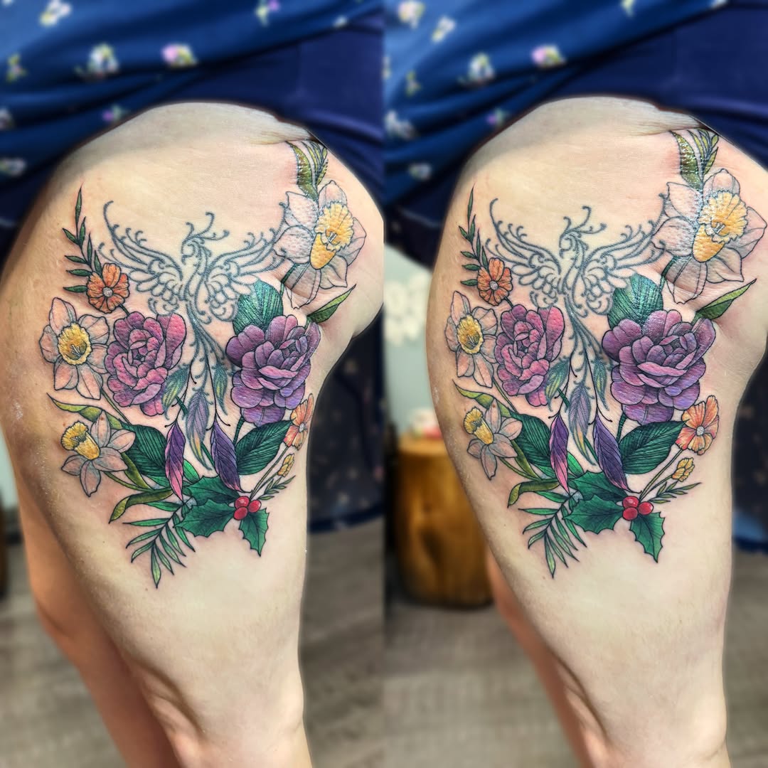 Floral phoenix new school tattoo on the thigh by Kelsey 🖤 Tattoo Artist, Waterford Township