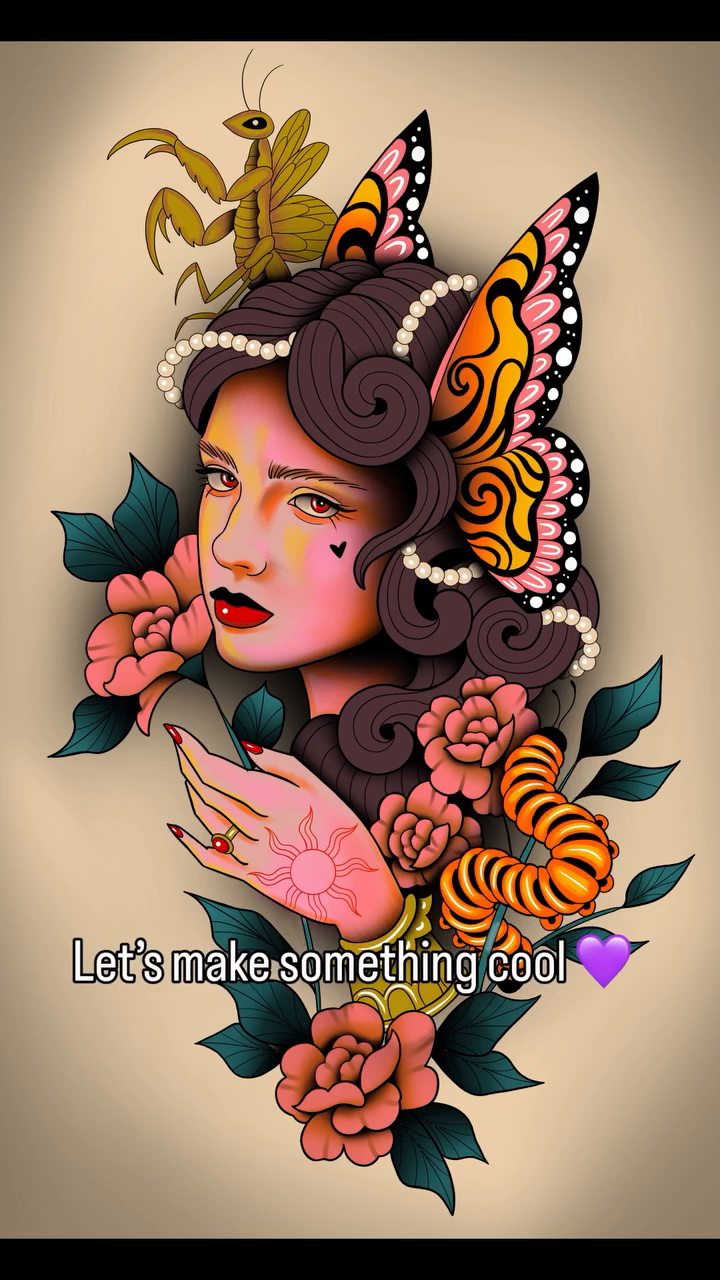 Woman with butterfly wings and flowers neo-traditional tattoo by Lindsey Bendsey