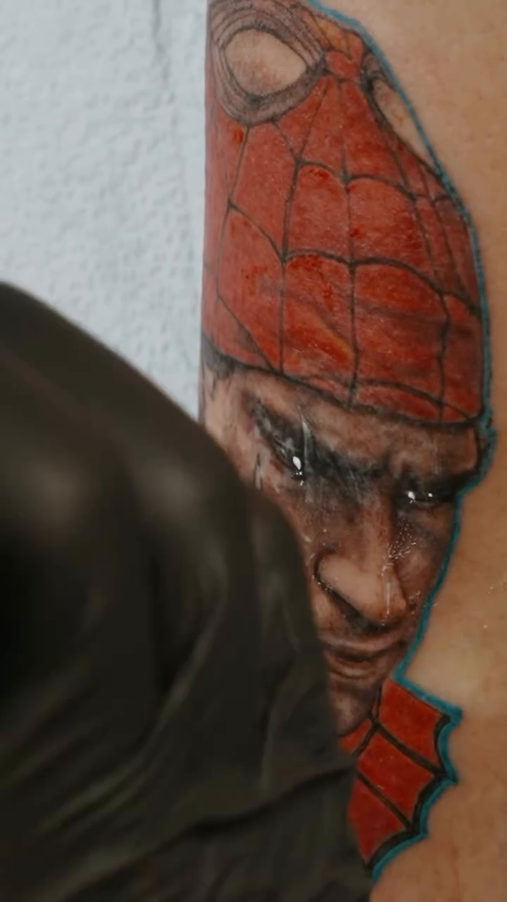 Spider-Man mask and face realism tattoo by Milk Tattoos 🇸🇻🇪🇸