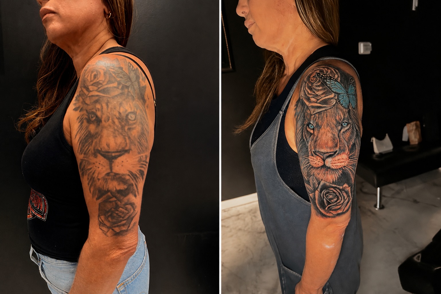 Lion and roses realism tattoo on the upper arm by Junior Sanchez Dfw